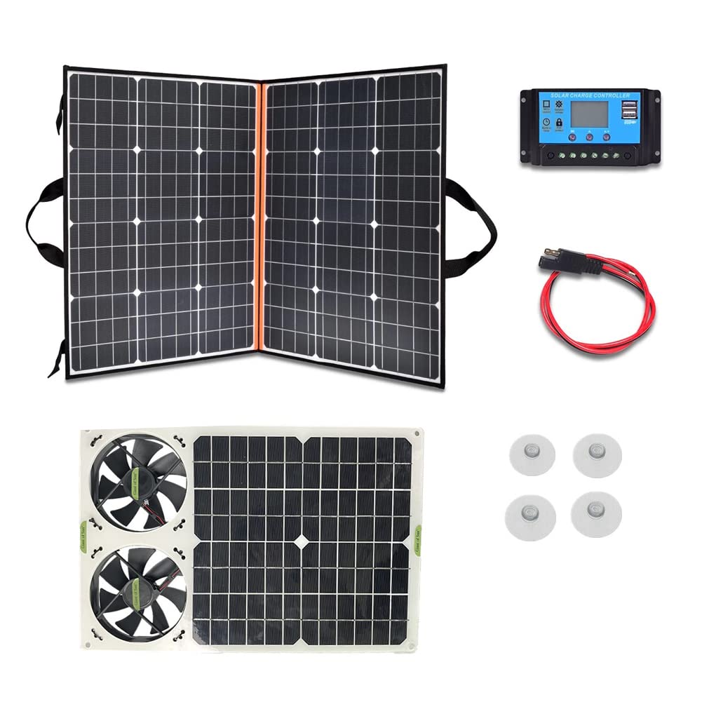 200W Portable Solar Panel Kit with 40W Dual Fan - Solar Powered Ventilation for Home, Greenhouse, Chicken Coop, RV, Boat & Emergency Use - Perfect for Camping, Pet Cooling & Off-Grid Power