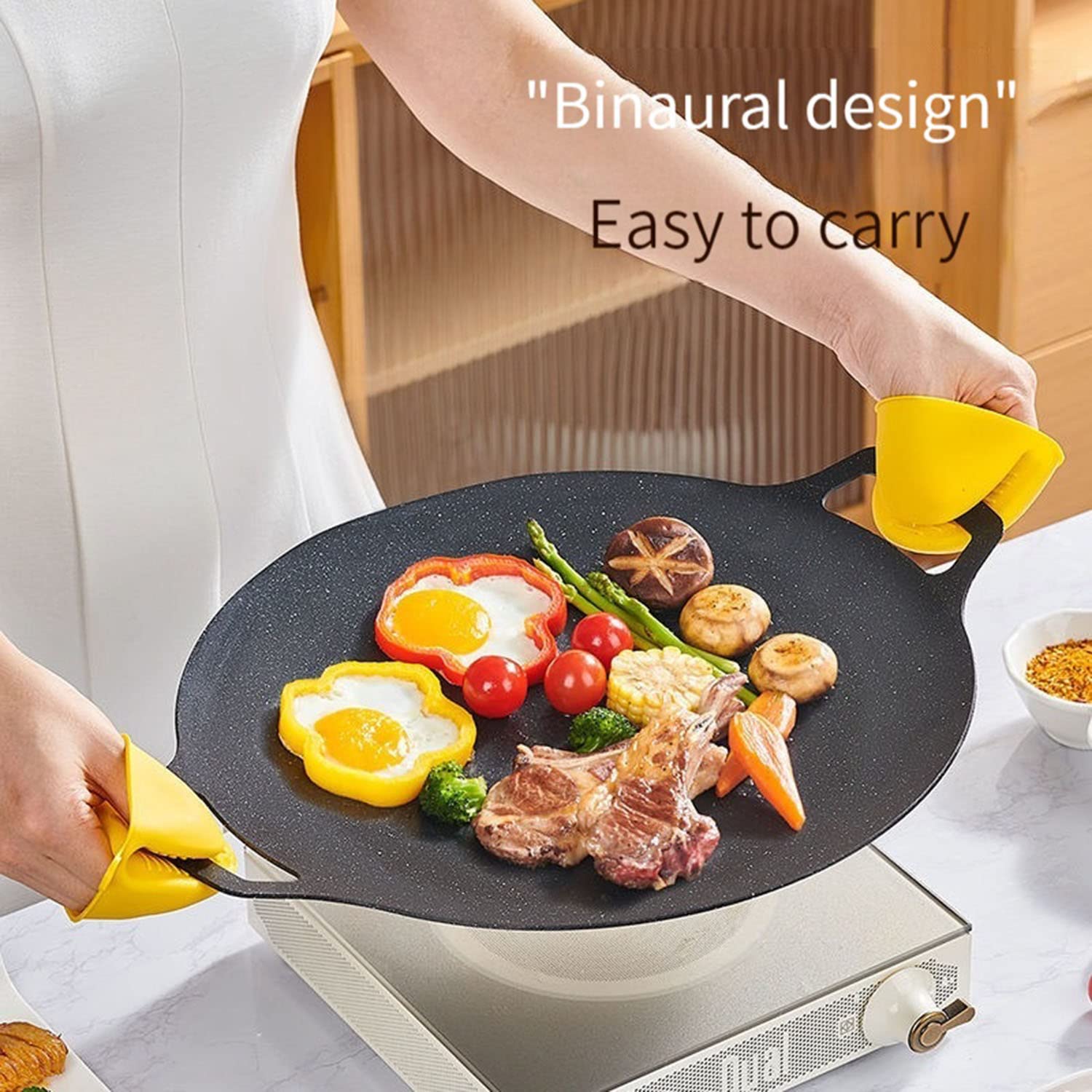 Non-Stick Stone Grill Pan - 14 Inch Round BBQ Griddle with Ergonomic Handle for Steak, Pancakes, Ribs - Perfect for Indoor & Outdoor Cooking, Camping, Picnics