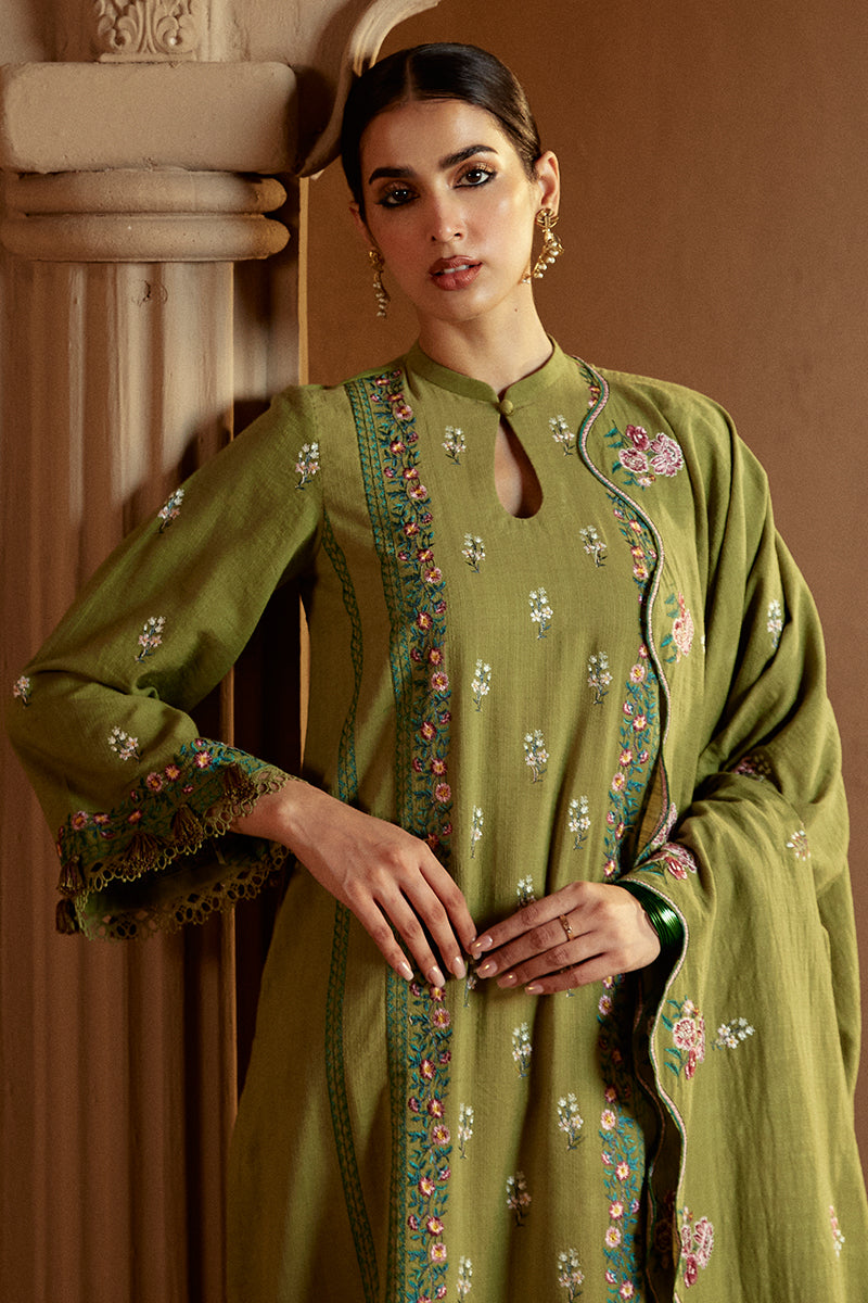 Green Oasis 3-Piece Khaddar Embroidered Suit Set - Elegant Pakistani Formal Wear for Weddings & Special Occasions