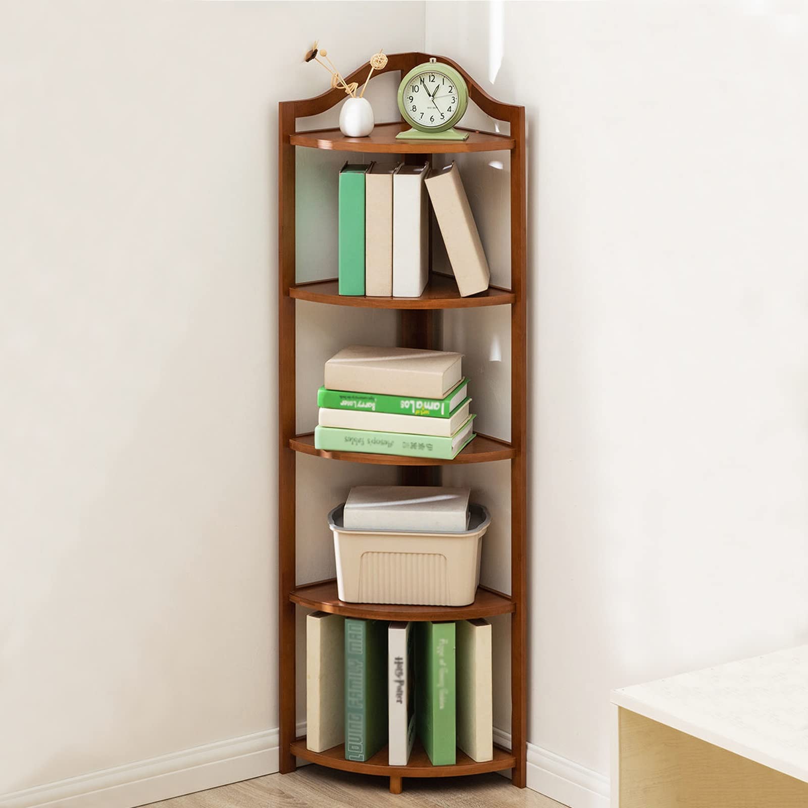 5-Tier Bamboo Corner Bookshelf - Multipurpose Flower Shelf & Display Rack for Plants, Kitchen, Living Room, Office | Space-Saving Organizer for Home Decor (Brown) | Perfect for Small Spaces & Corner Plant Displays