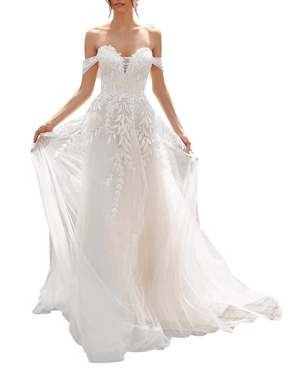 Elegant Long Lace Wedding Dresses for Bride - Off Shoulder A-Line Tulle Bridal Gowns Plus Size Beach & Destination Wedding Gowns | Perfect for Beach Weddings, Outdoor Ceremonies & Romantic Vows