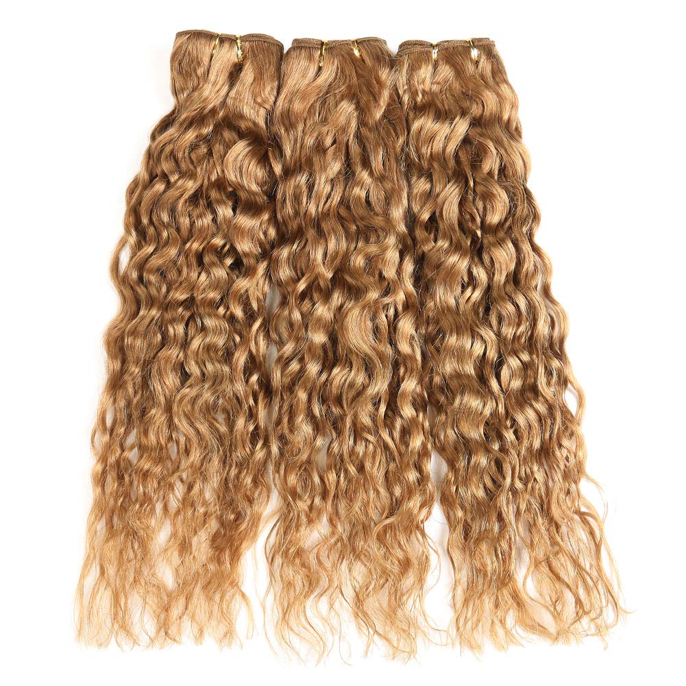 XCCOCO Honey Blonde Water Wave Human Hair Bundles (10 12 14 Inch) - 27# Colored Blonde Wet & Wavy 9A Peruvian Curly Hair Weave (300g/Lot) for Stunning Beach Waves & Everyday Glamorous Hairstyles