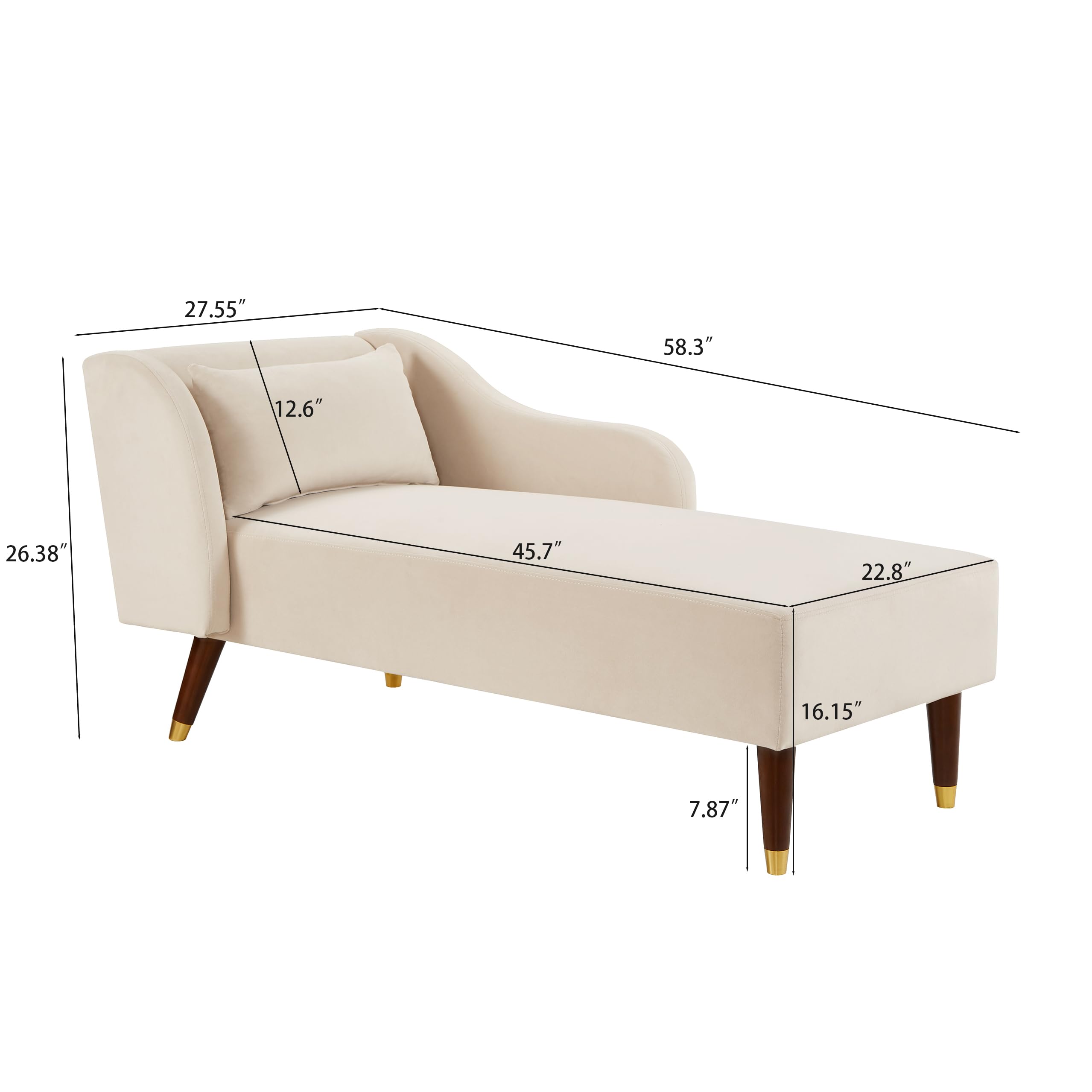 Velvet Upholstered Chaise Lounge Chair with Pillow - Solid Wood Legs Modern Indoor Lounge Chair for Living Room, Bedroom & Office - Beige - Perfect for Relaxing, Reading & Home Decor
