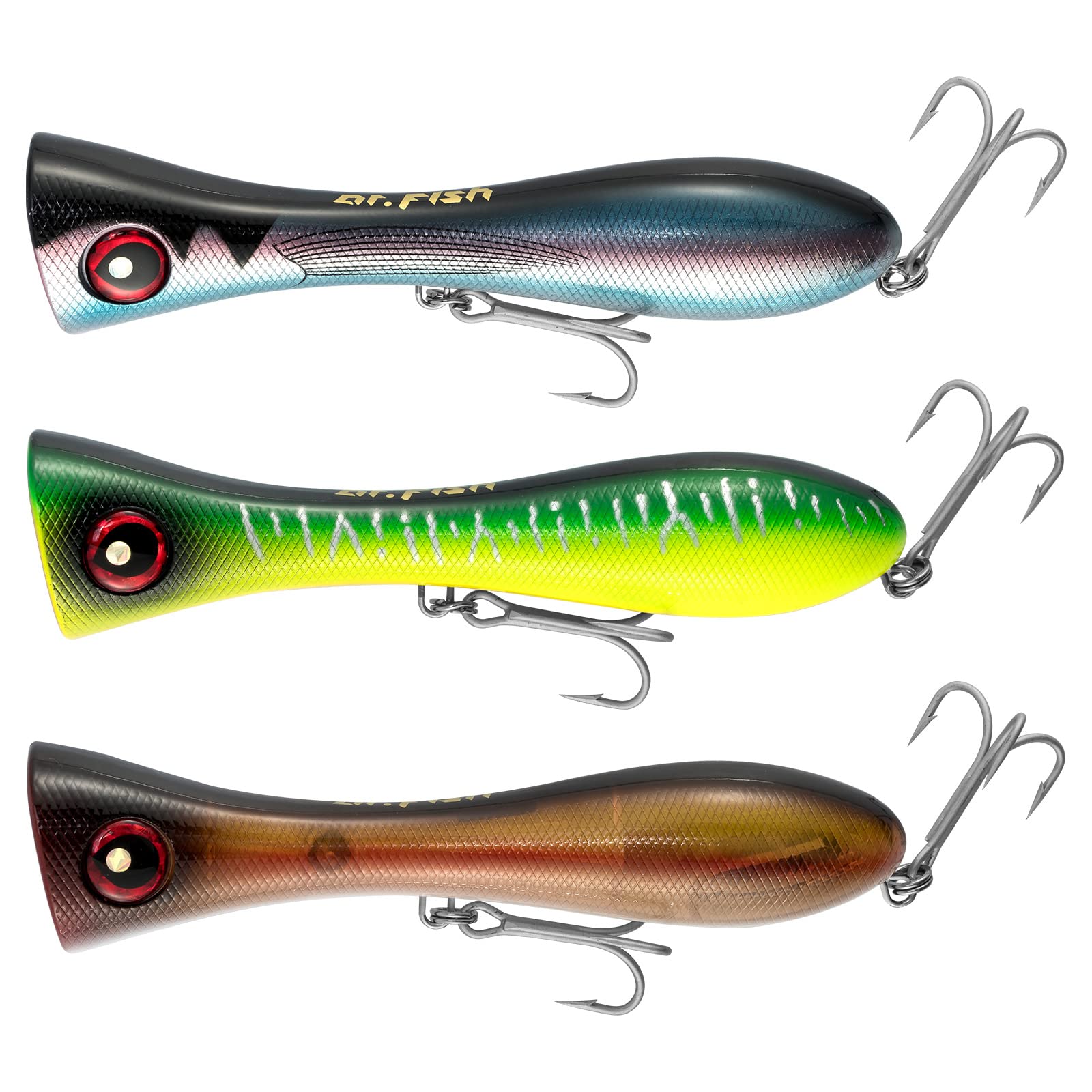 Dr.Fish 8-Inch GT Topwater Popper Saltwater Fishing Lure with VMC Treble Hooks - Premium Surf Fishing Lure for Striper, Tuna, Bluefish - Ideal for Offshore & Surf Fishing Adventures