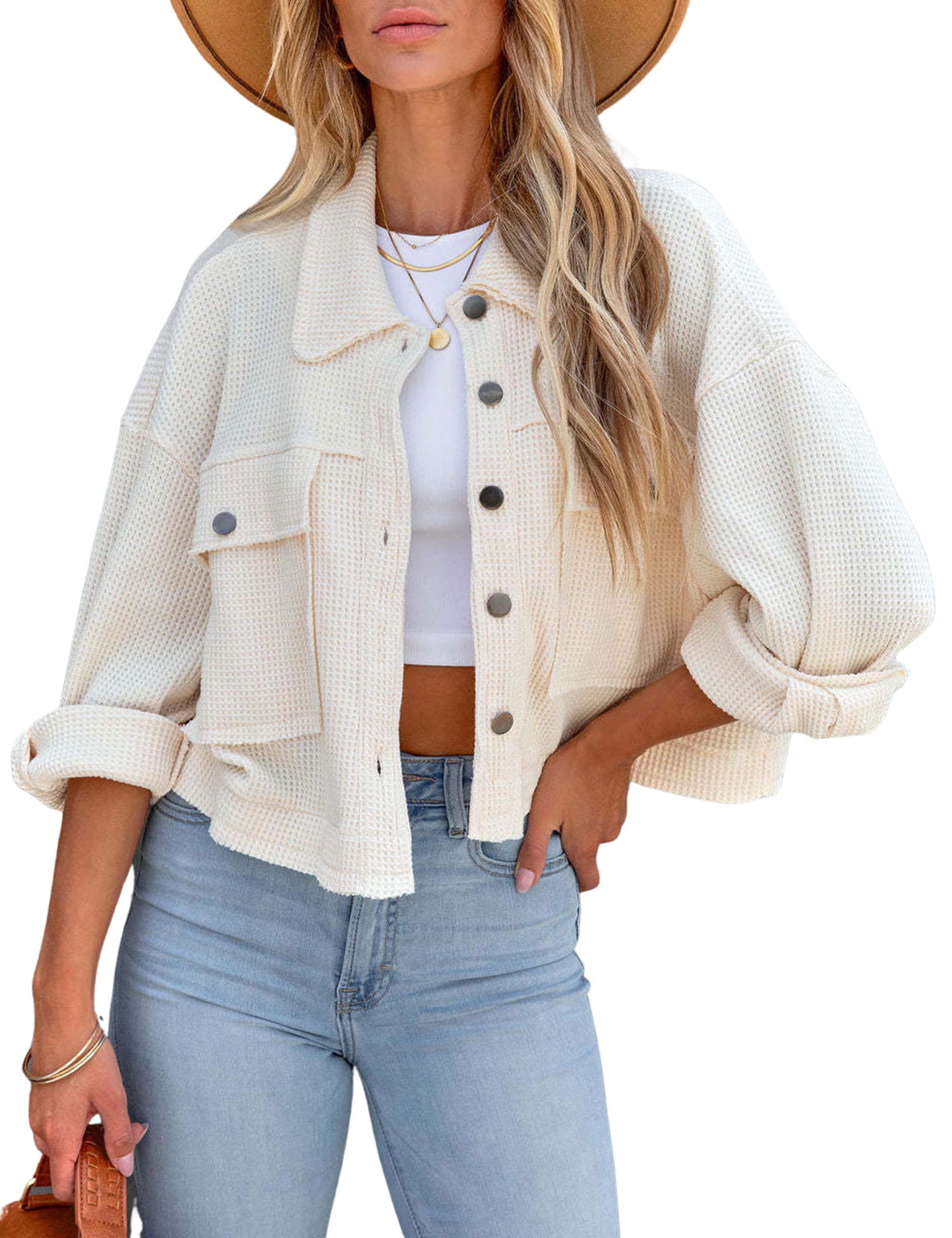 Omoone Women's Waffle Knit Cropped Shacket - Button Down Long Sleeve Shirt Jacket with Pockets, Loose Casual Blouse Top for Fall Layering & Outdoor Activities
