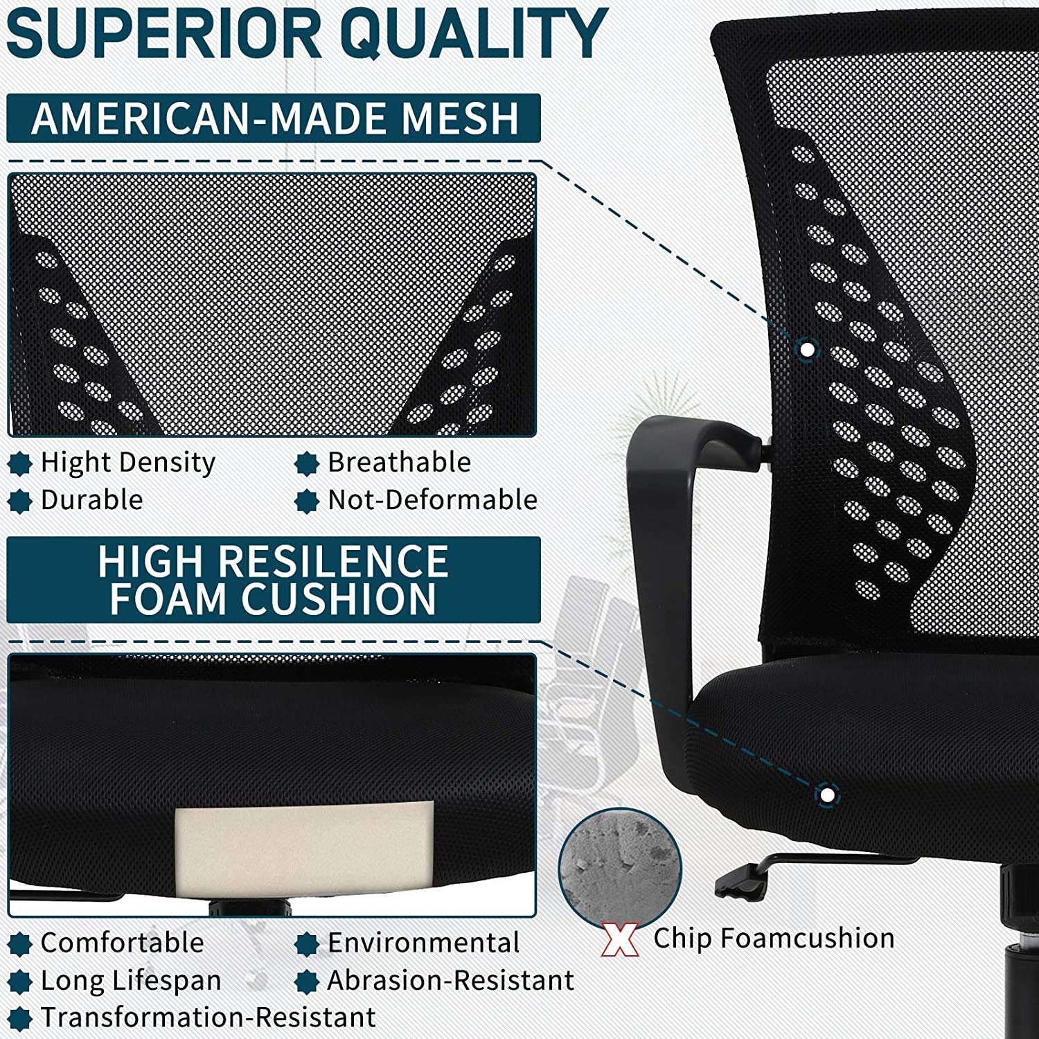 Ergonomic Office Chair - Adjustable Mid Back Mesh Computer Chair with Lumbar Support & Armrests - Modern Rolling Task Chair for Home Office, Study, or Executive Workspace - Black