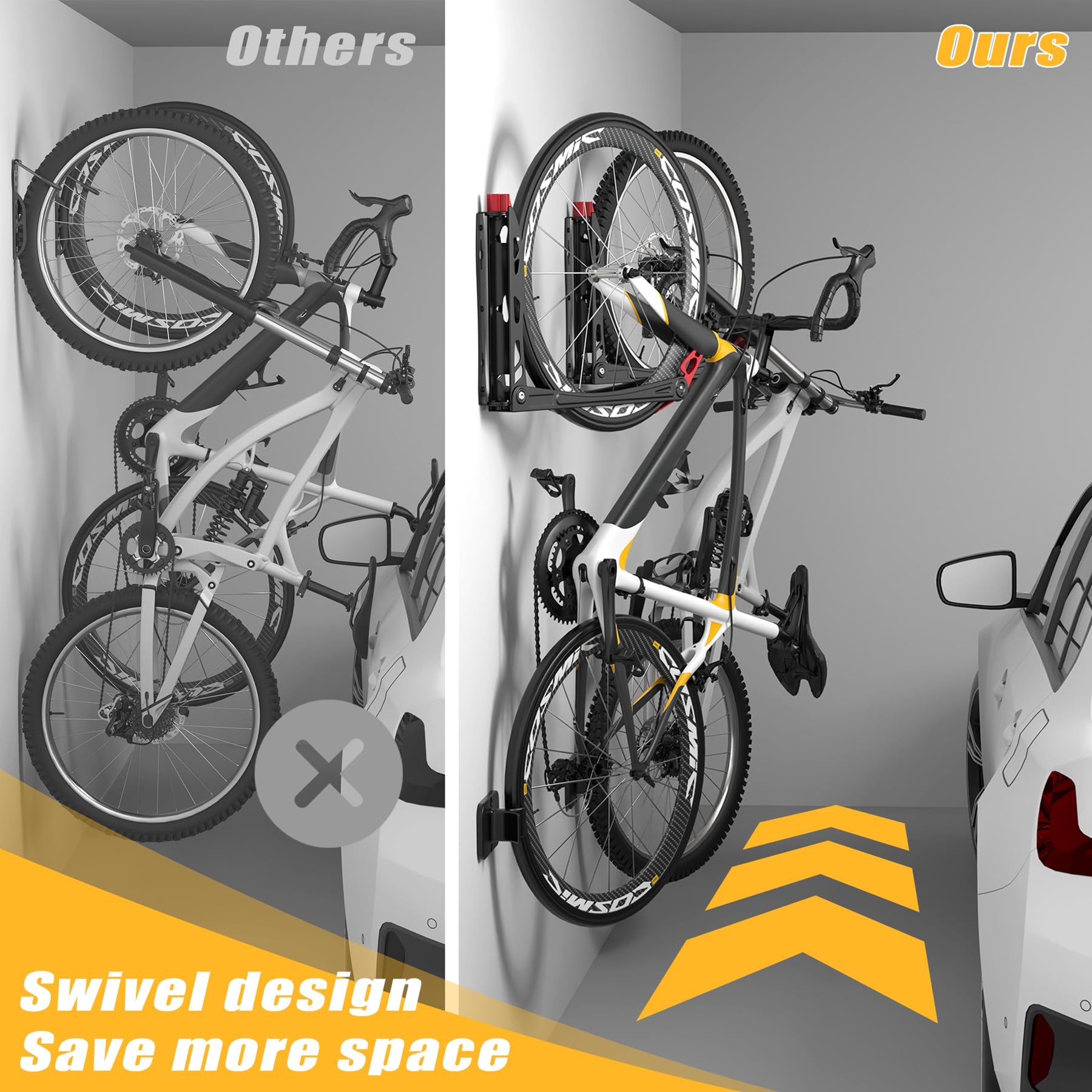 TORACK BIKEPAL Space Saving Wall Mounted Swivel Bike Racks - Vertical Bike Wall Hangers for Garage, Home & Apartment Storage (2 Pack) - Perfect for Indoor Cycling Equipment Organization & Small Space Solutions