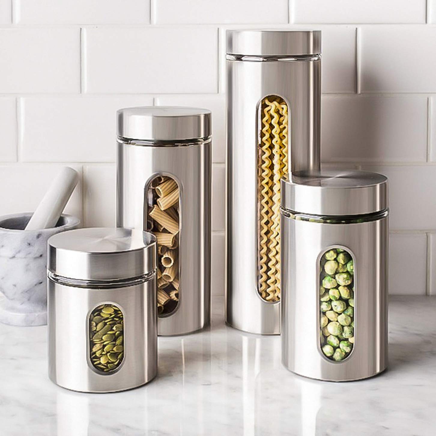Premium 4-Piece Stainless Steel Food Storage Canister Set with Glass Window & Airtight Lids - Kitchen Countertop Pantry Organization for Coffee, Flour, Rice, Pasta, Spices & Herbs - Ideal for Baking, Cooking & Home Kitchen Storage
