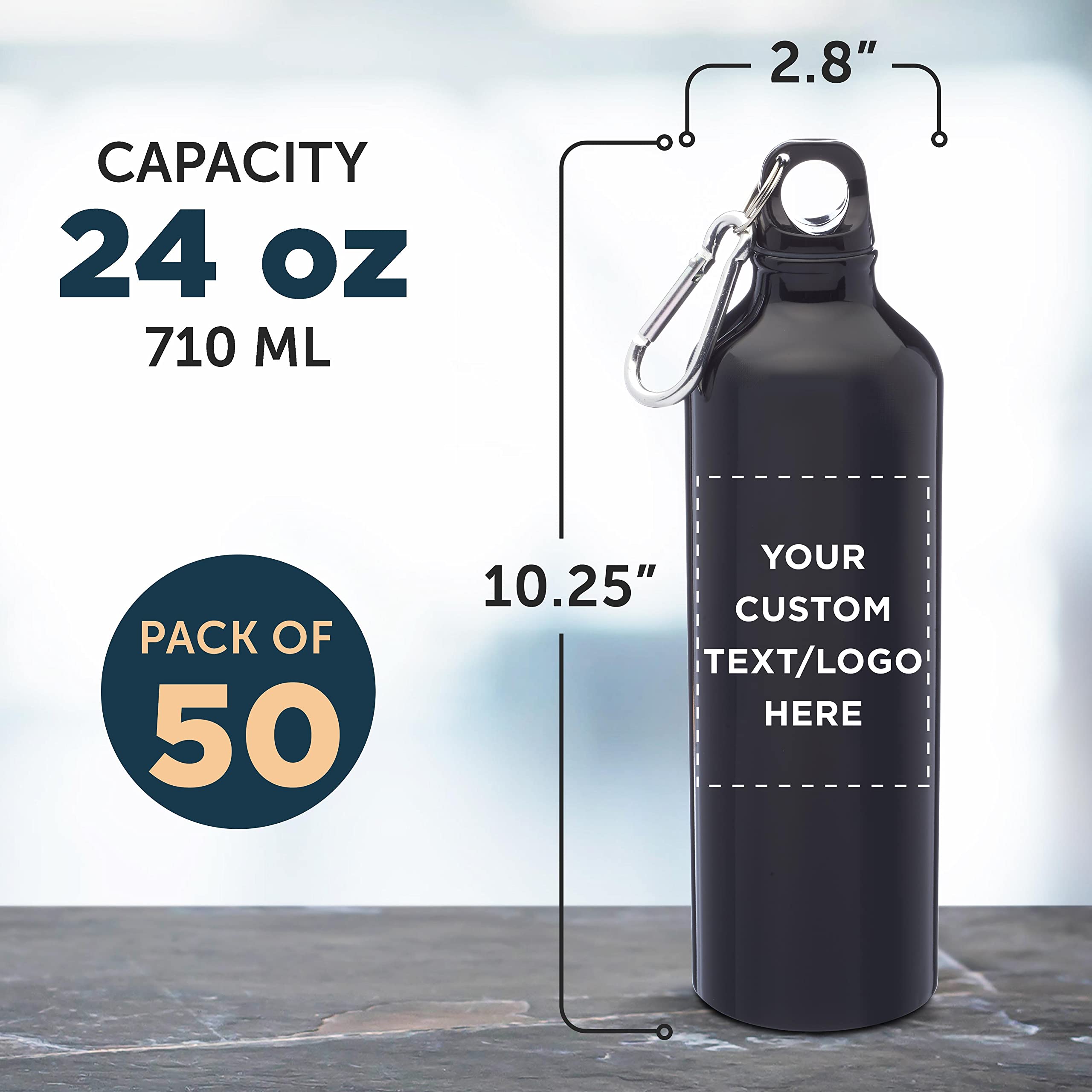 Custom 24 oz Aluminum Water Bottles with Carabiner - Bulk Pack of 50, Personalized & Durable - Ideal for Gym, Hiking, Camping, Running, Cycling & Outdoor Adventures - Matte Black Finish - Perfect for Sports Teams, Corporate Gifts & Eco-Friendly Hydration