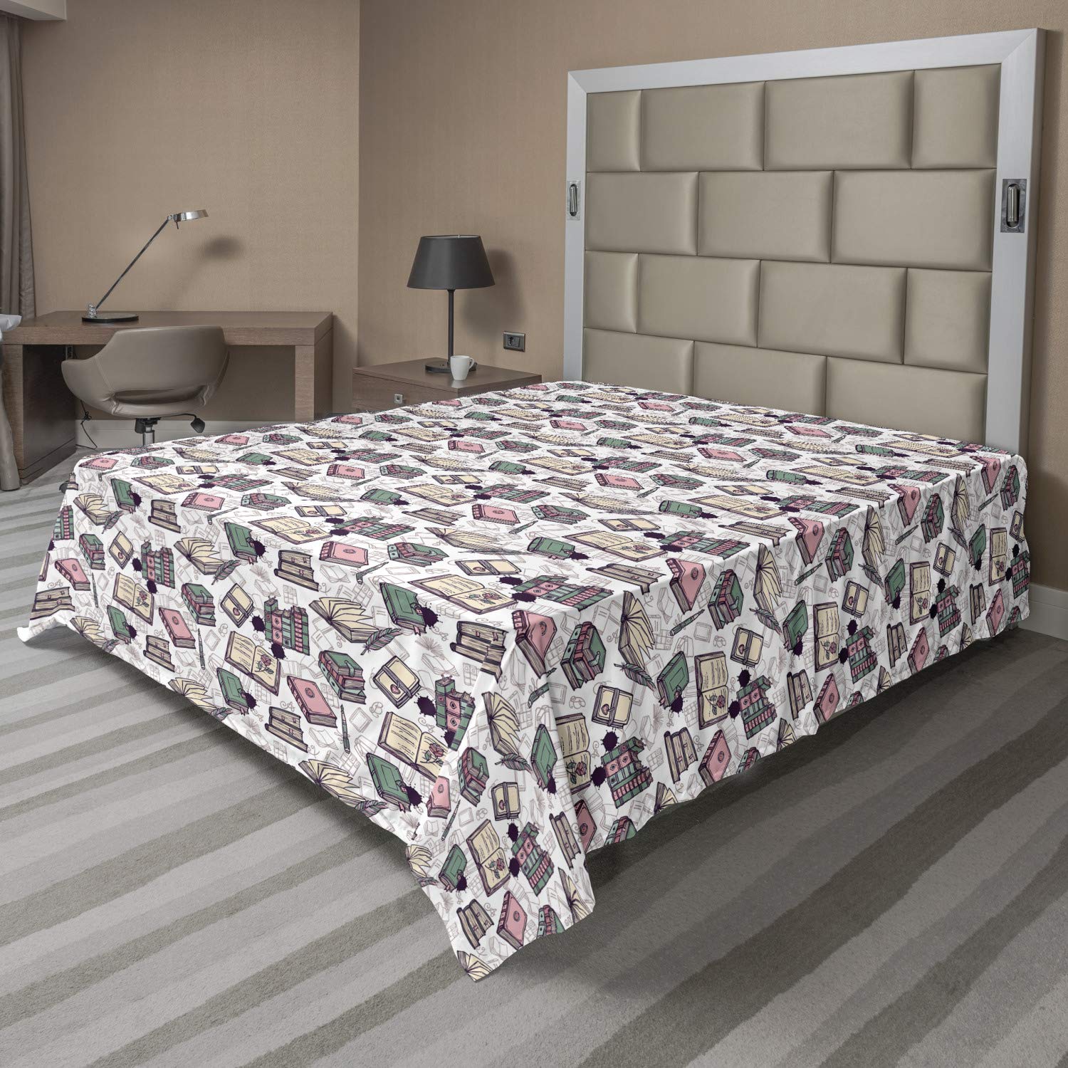 Ambesonne Vintage Retro Flat Sheet - King Size Soft Comfortable Top Sheet with Old Books & Pens Silhouette Design, Pearl & Multicolor - Perfect for Bedroom Decor, Guest Room, Dorm & Cozy Home Styling