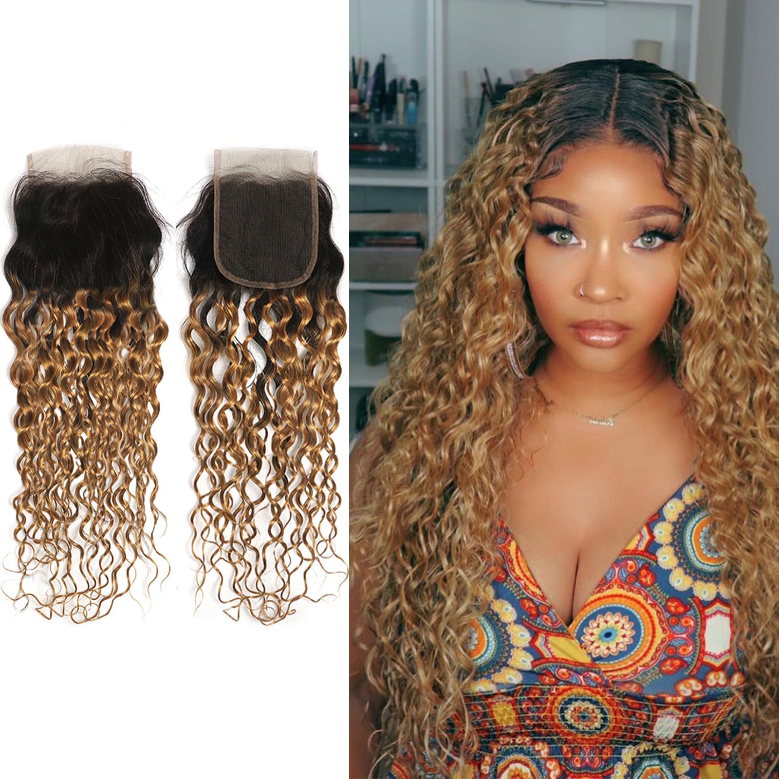 X-TRESS 14 Inch 4x4 Lace Closure Ombre Wet & Wavy Brazilian Curly Remy Human Hair Bundles with Dark Roots & Blonde Tips - Perfect for Protective Styles, Weaves & Natural-Looking Hair Extensions