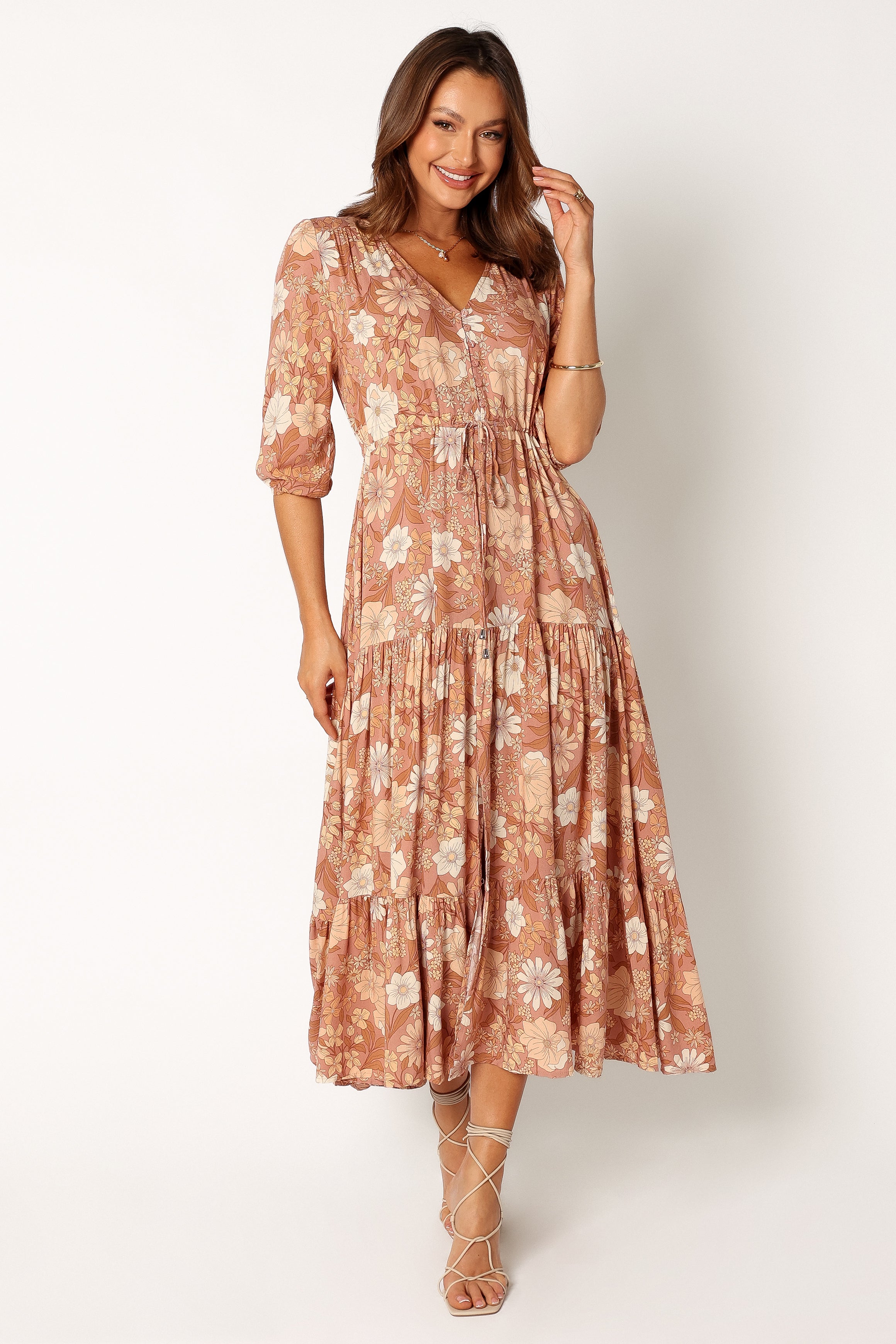 Kelda Women's Floral Print Dress in Tan - Elegant Summer Casual & Party Wear for Women