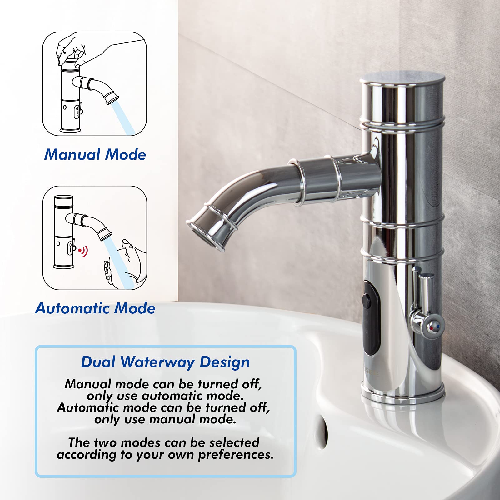 Touchless Bathroom Faucet with Rotatable Spout & Manual Option - Temperature & Flow Control Chrome Sink Faucet (TS-5501C) for Modern Homes & Public Restrooms