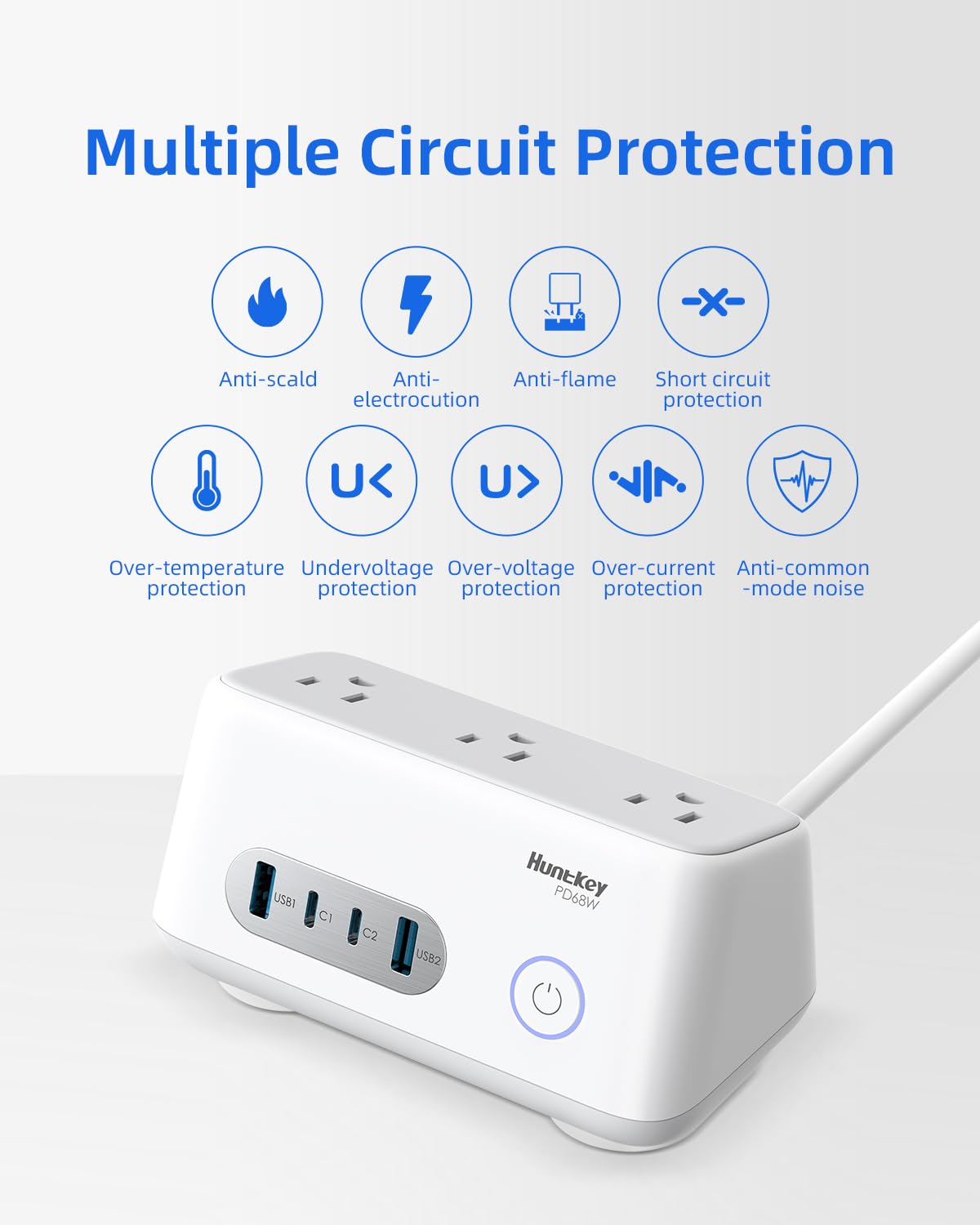 Huntkey 68W Desktop Charging Station with 3 AC Outlets & 5 Ports (2 USB-C + 2 USB-A) | 5ft Extension Cord | Fast Charging Hub for Phones, Tablets, Laptops | Perfect for Home Office, Bedroom & Travel
