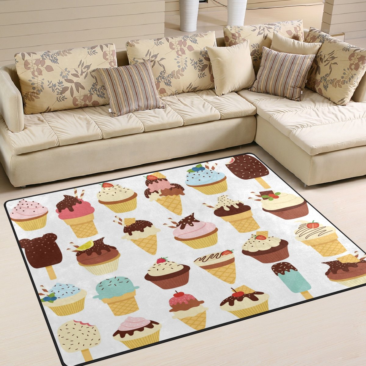 ALAZA Summer Cartoon Ice Cream Cupcake Strawberry Fruit Area Rug - Soft Non-Slip 7' x 5' Living Room Bedroom Rug for Kids Nursery, Dorm Decor | Perfect for Playroom, Girls Room & Home Decor