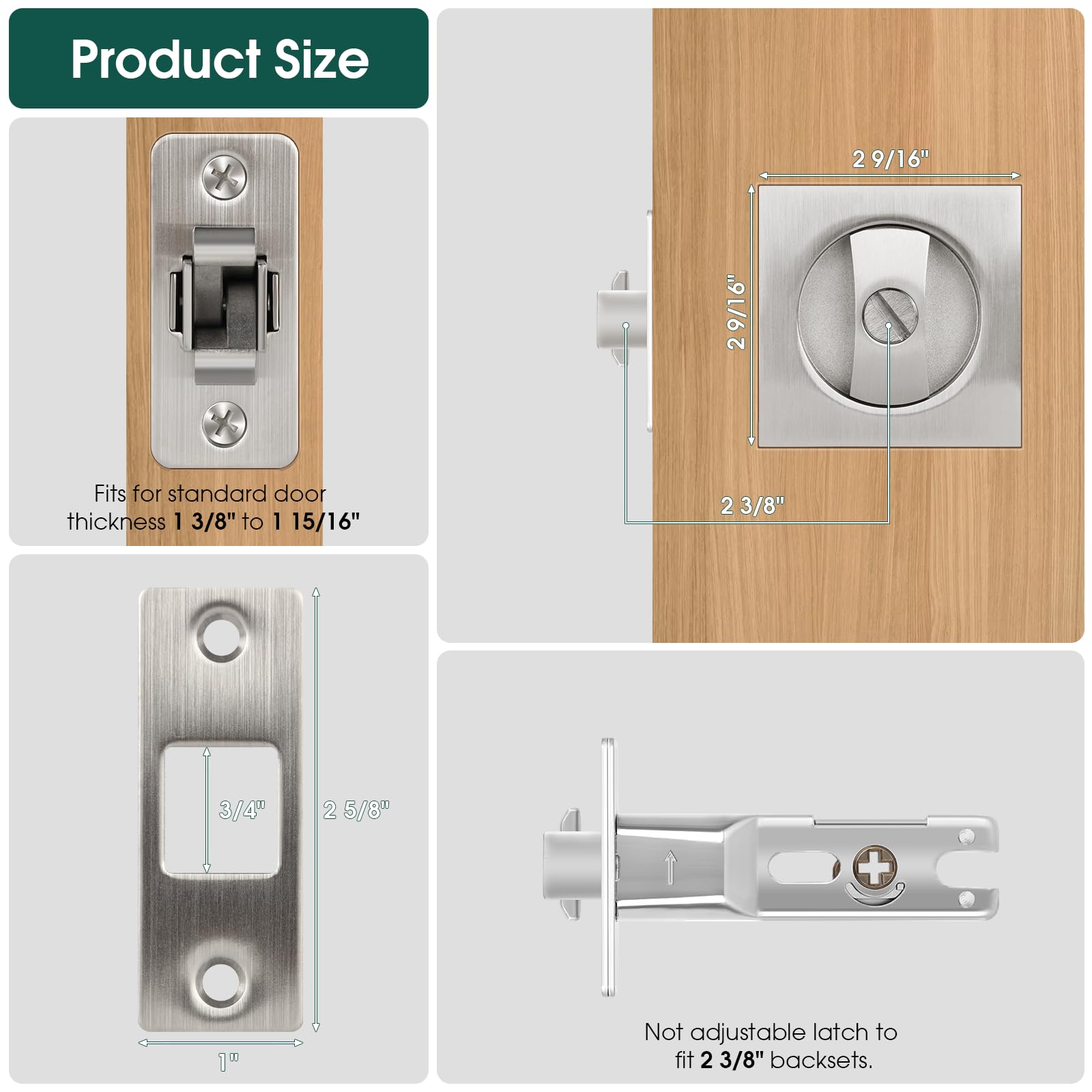 Square Pocket Door Lock - Satin Nickel Contemporary Privacy Sliding Door Hardware, Flush Mount Latch for Bedroom & Bathroom (2-3/8