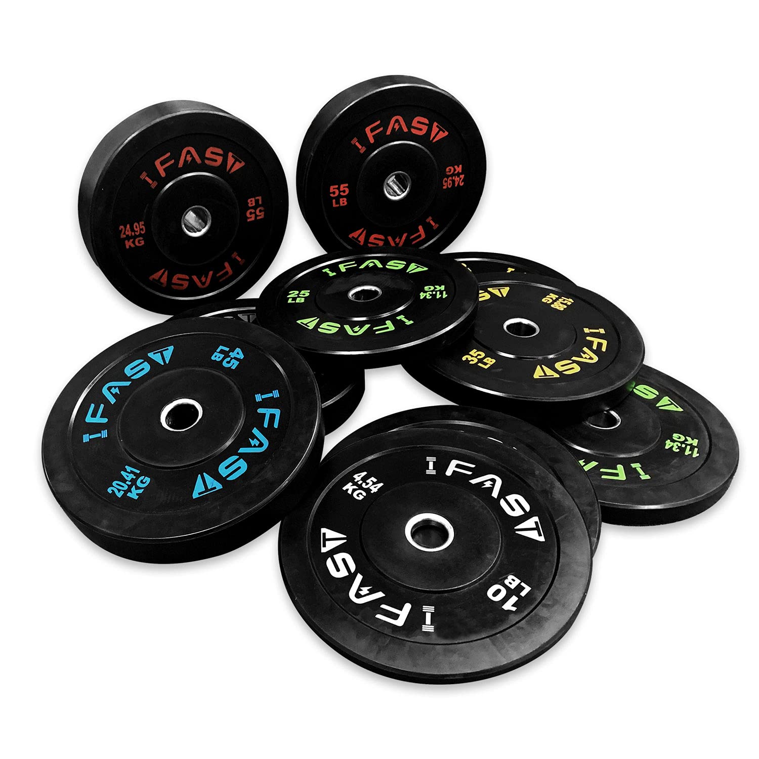 Olympic Rubber Bumper Plates 10lb-55lb Set with 2-Inch Steel Insert - Durable Weight Plates for CrossFit, Powerlifting & Home Gym Strength Training - Perfect for Deadlifts, Squats, Bench Press & Functional Fitness Workouts