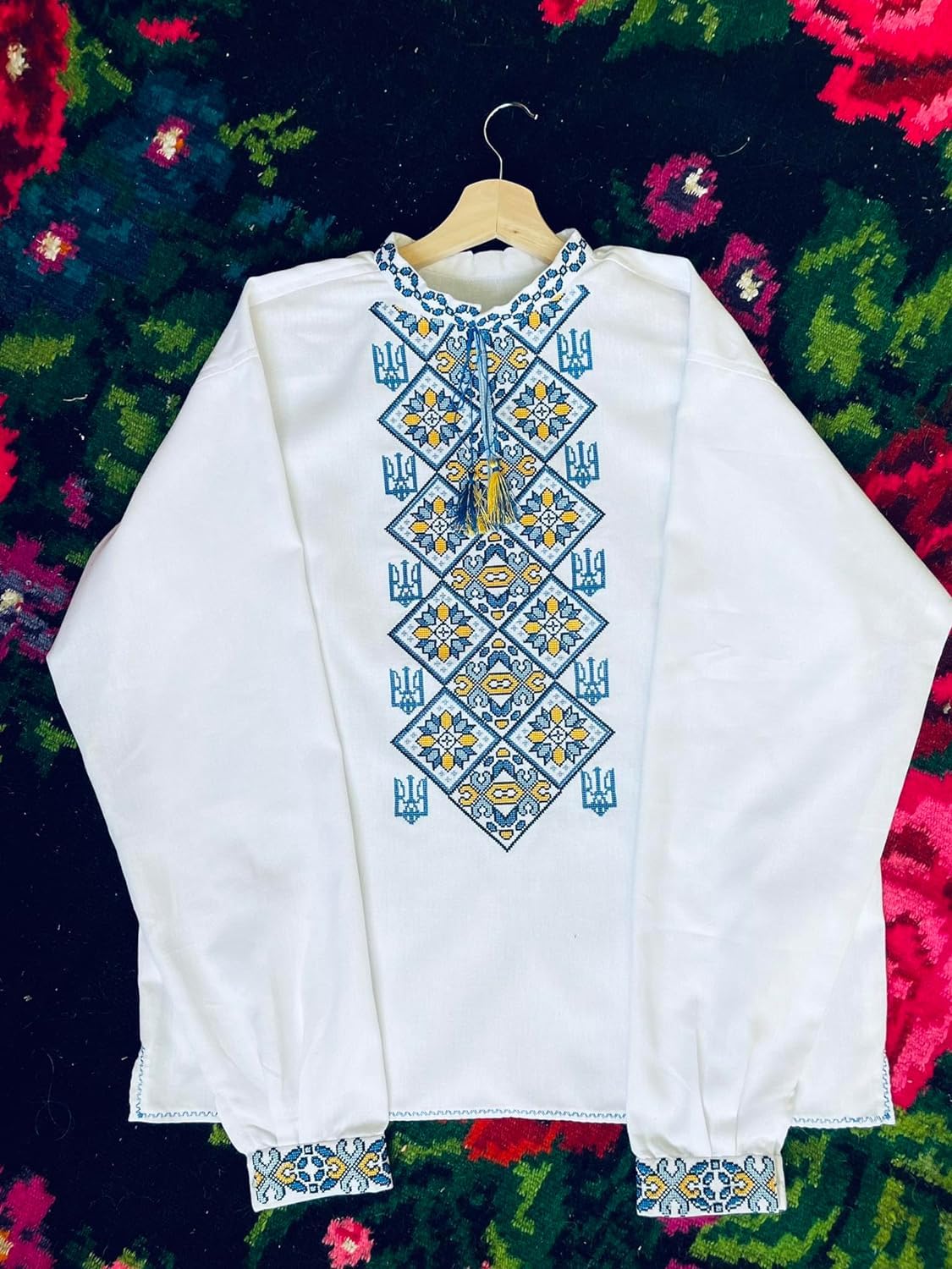 Authentic Ukrainian Vyshyvanka Embroidered Shirt for Men & Women | Yellow & Blue Traditional Trident Design | Unisex Folk Clothing | Family Matching Outfits | Sizes XXS-7XL | Perfect for Cultural Events, Weddings & Ethnic Festivals