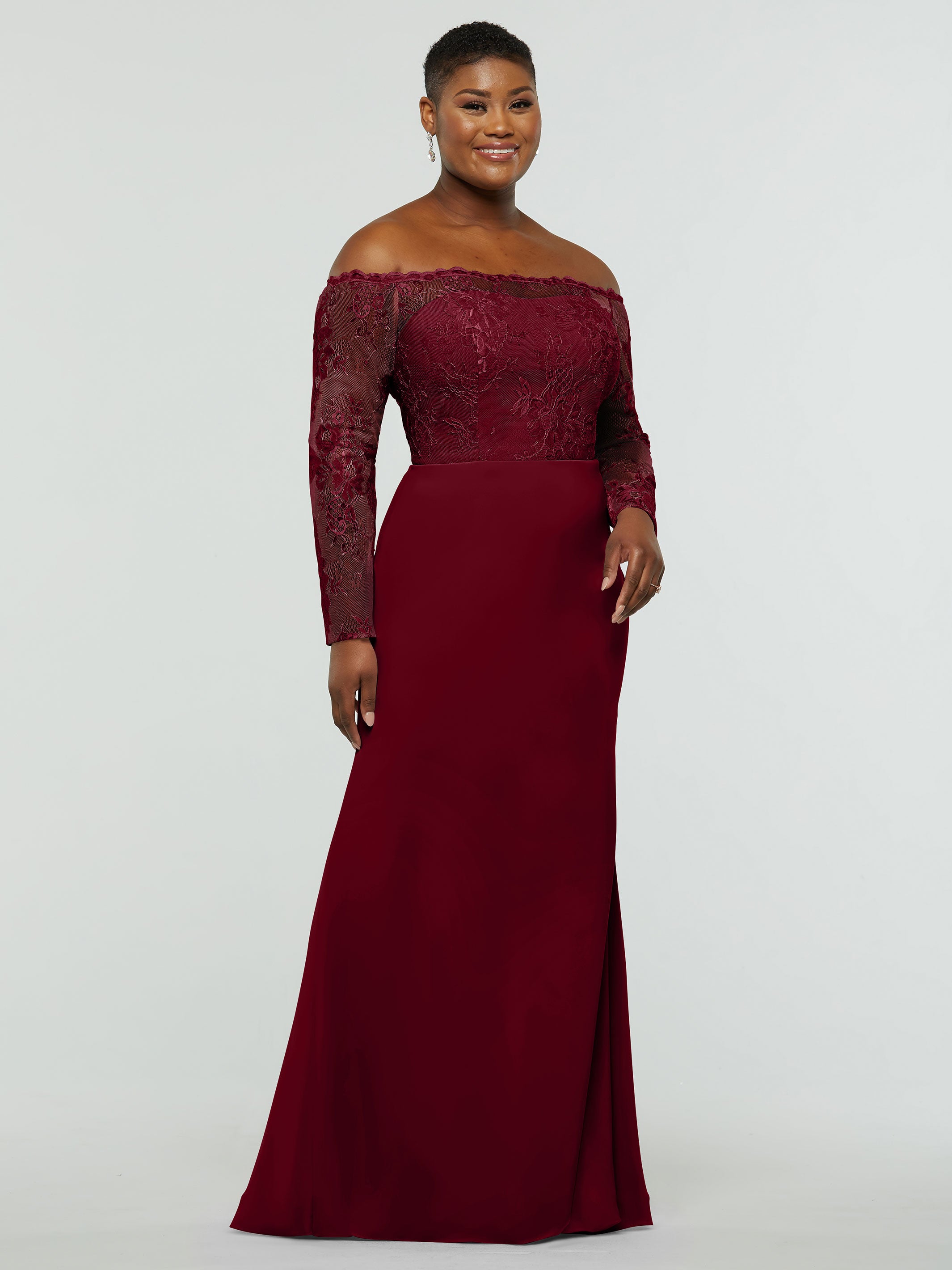 Elegant 80191 Chiffon & Lace Mermaid Bridesmaid Dress with Off-the-Shoulder Long Sleeves - Perfect for Weddings, Formal Events & Evening Parties