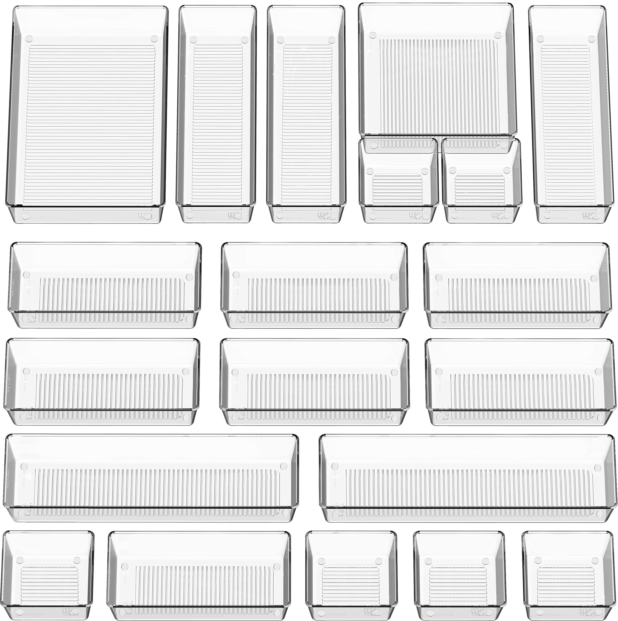 20-Piece Clear Plastic Drawer Organizer Set - 5 Sizes for Makeup, Bathroom, Bedroom & Office Storage - Perfect for Jewelry, Cosmetics, Utensils & Stationery Organization