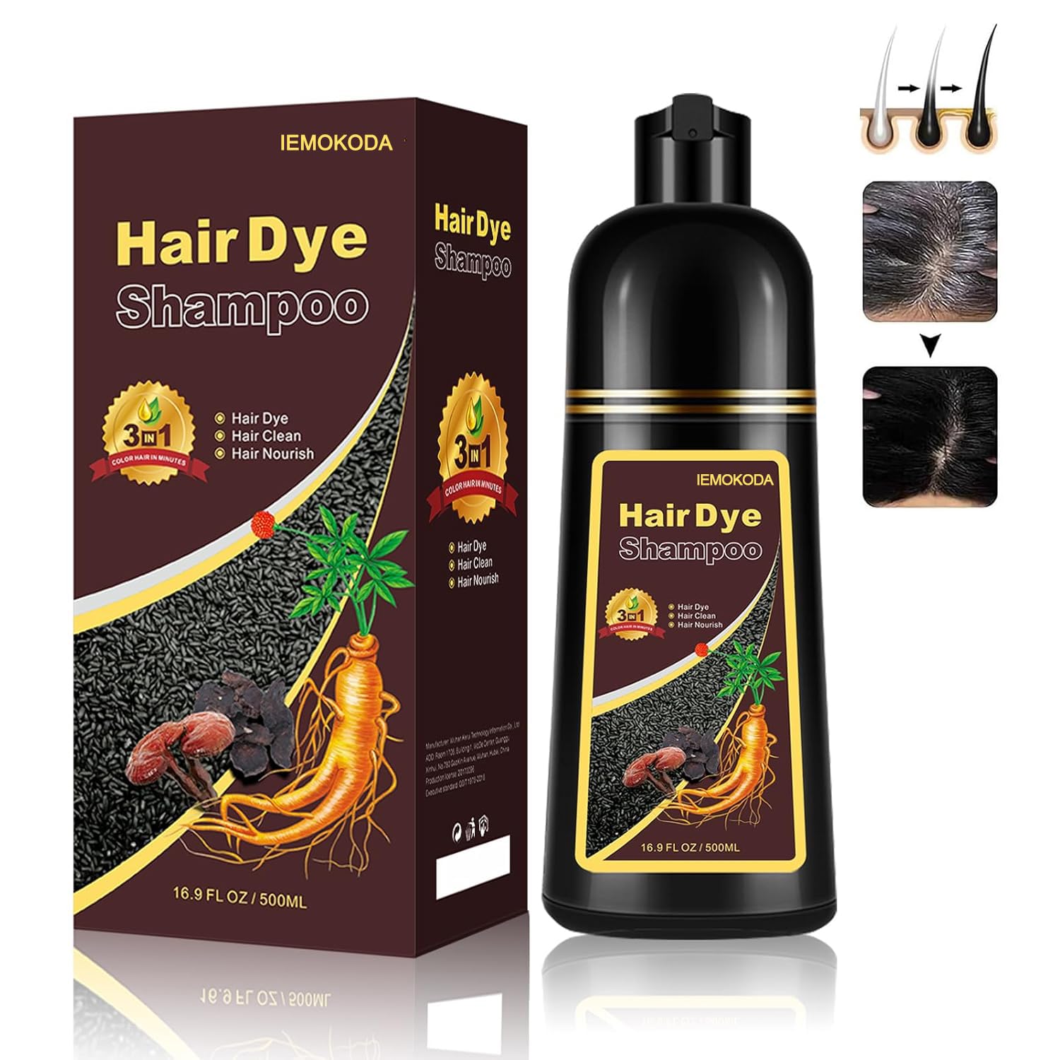 FVQUHVO Instant Black Hair Dye Shampoo for Gray Hair - 16.9 Fl Oz Natural Long-Lasting 3-in-1 Hair Color Shampoo for Men & Women - Easy At-Home Use for Quick Root Touch Up & Full Coverage Coloring