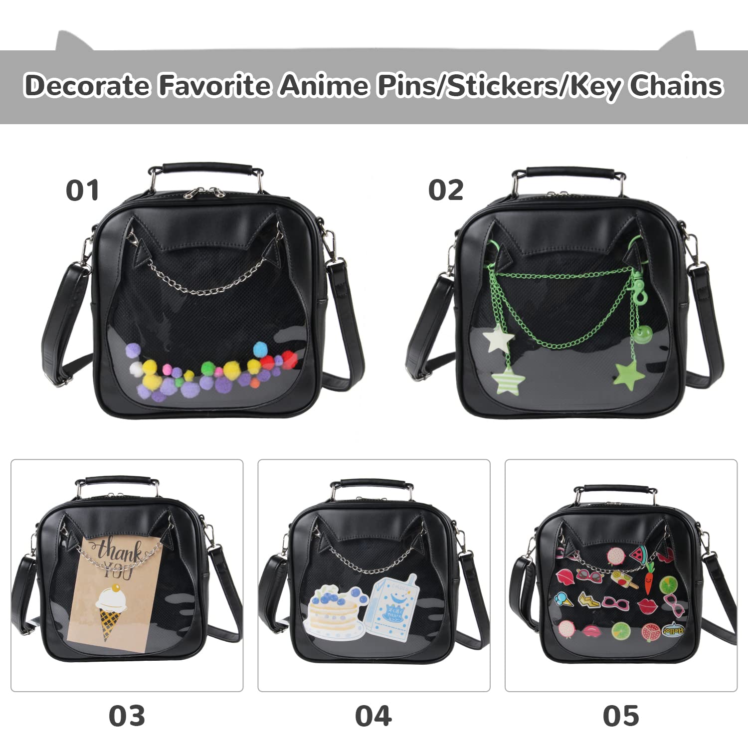 Cute Kawaii Cat Ita Bag for Women - Clear Crossbody Purse with Pin Display, Stylish Shoulder Messenger Bag for Anime Conventions & Daily Use