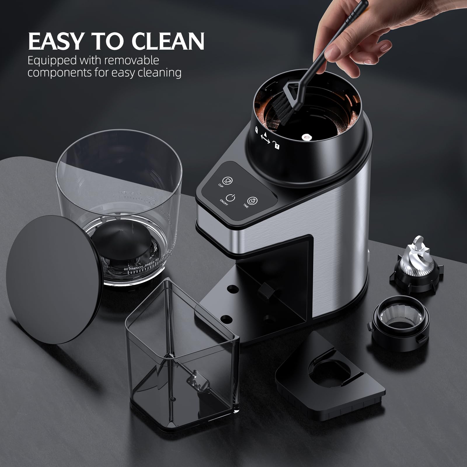 Premium Electric Conical Burr Coffee Grinder - Adjustable Touchscreen with 60 Grinding Settings, 60-Second Timer & 1-8 Cup Capacity - Anti-Static Stainless Steel for Espresso, French Press & Drip Coffee - Perfect for Home & Office Use
