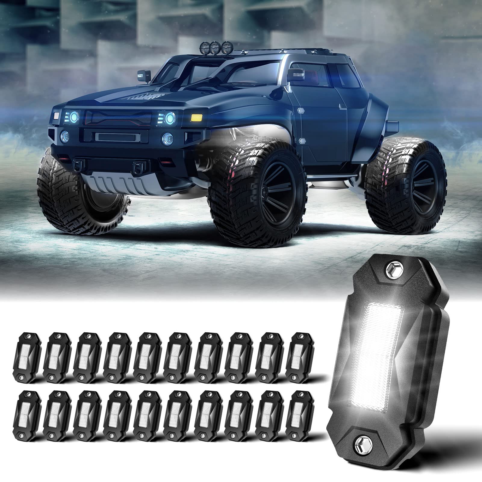 Wowtome 20Pods Super Bright White LED Rock Lights - Waterproof Underglow Neon Lights for Trucks, Jeeps, Off-Road Cars, ATVs, UTVs, SUVs & Boats | Perfect for Night Off-Roading, Car Shows & Trail Rigs