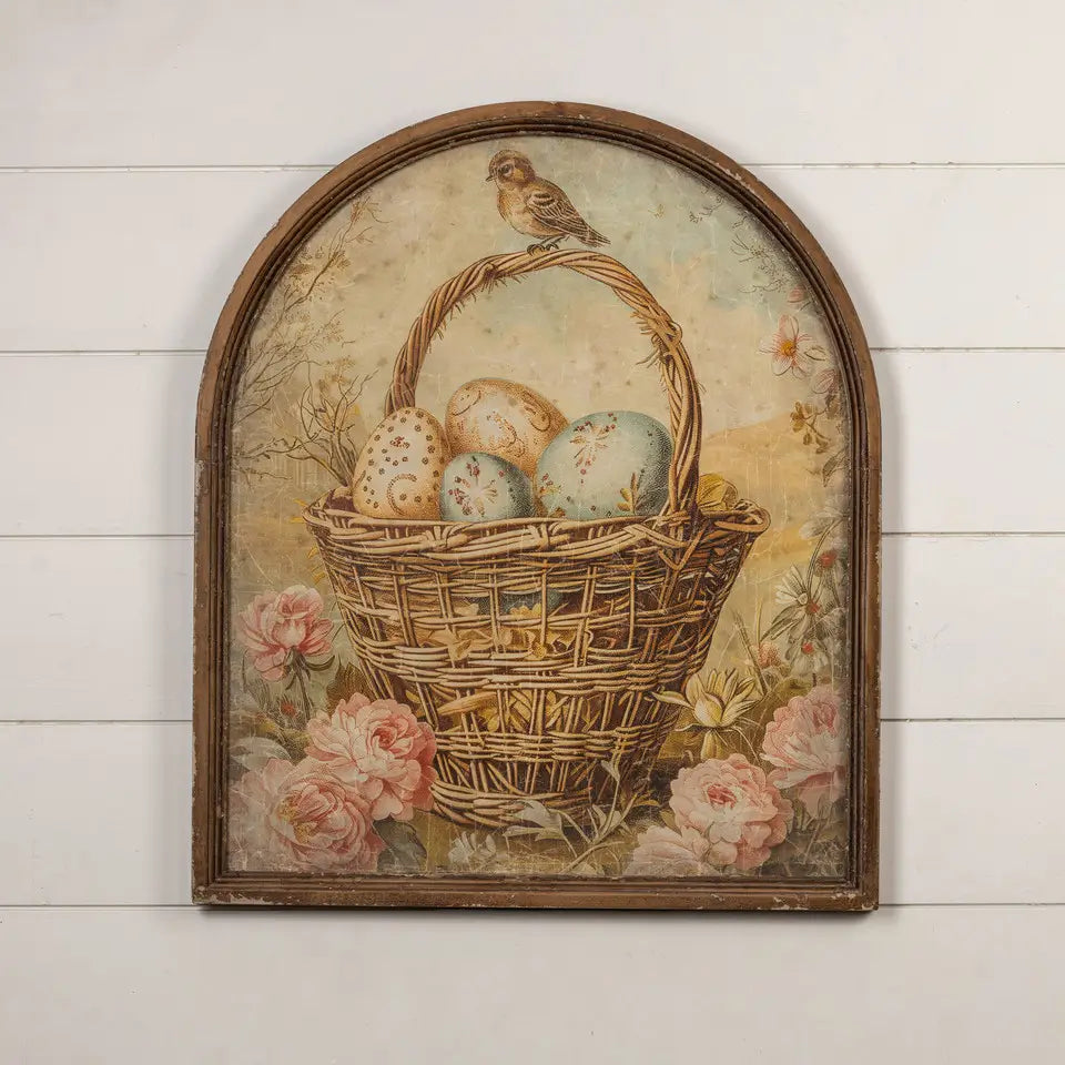 Vintage Arched Framed Eggs in a Basket Wall Art Print - Rustic Farmhouse Kitchen Decor for Dining Room & Country Style Home