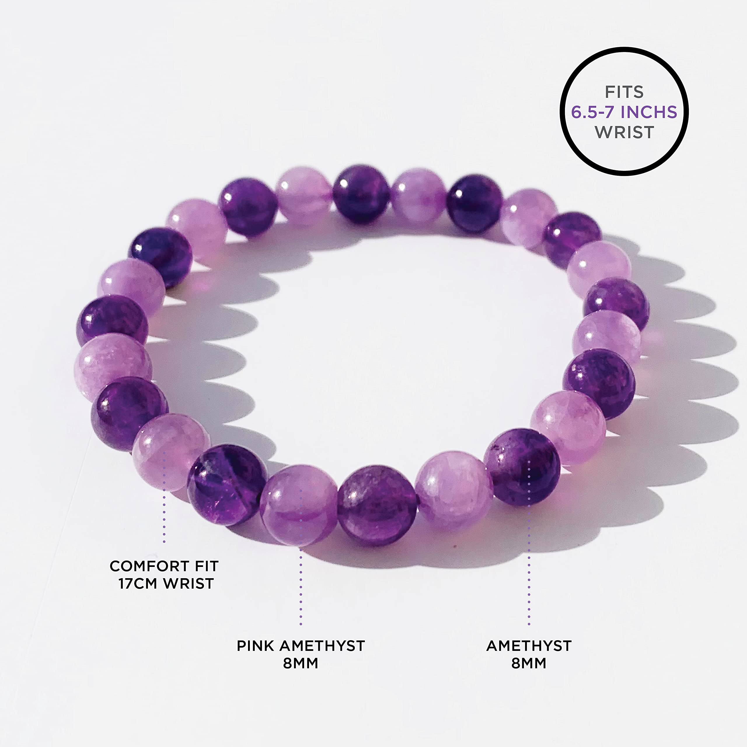 Handmade Stretch Bracelets with Natural Gemstones - Amethyst, Citrine, Rose Quartz, Crystal Quartz, Moonstone, Peridot & Tiger Eye | Adjustable Beaded Bracelet for Women & Men | Perfect for Yoga, Meditation, Gifts & Everyday Wear (Dark + Light Amethyst)