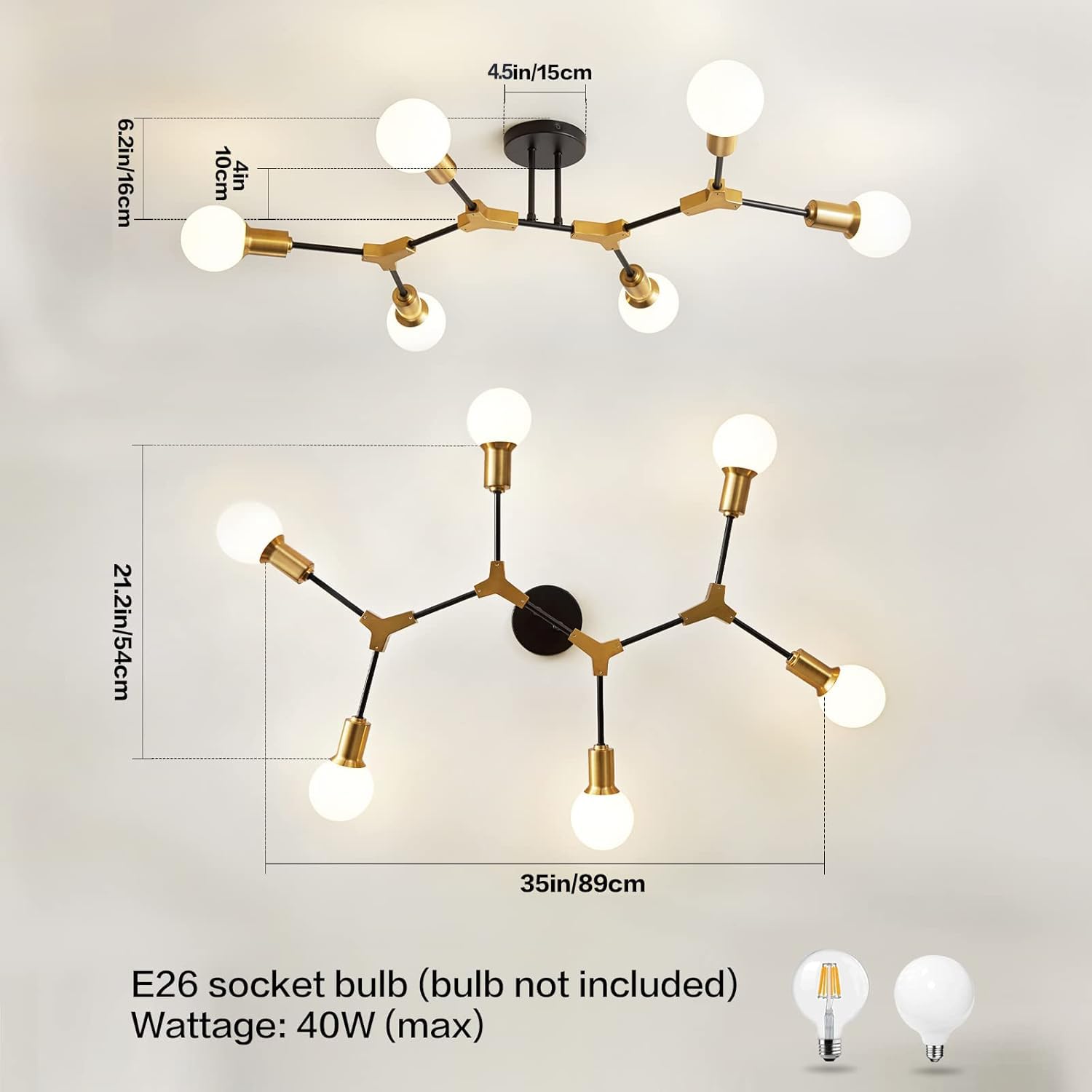 Modern Sputnik Chandelier 6-Light Black and Gold Semi-Flush Mount Ceiling Light Fixture with E26 Socket - Perfect for Bedroom, Living Room, Hallway, Dining Room and Entryway Lighting