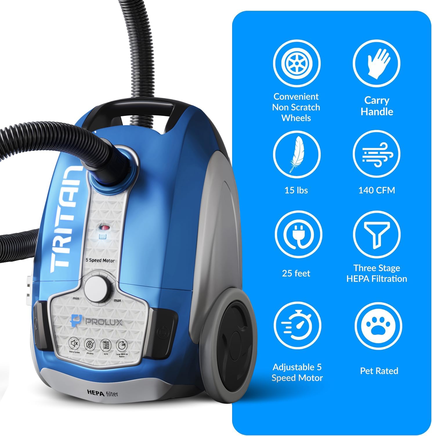 Prolux Tritan Bagged Canister Vacuum Cleaner with HEPA Filtration - Powerful Pet Hair Removal & Adjustable Suction for Hard Floors & Carpets - Complete Home Cleaning Kit for Allergy Sufferers & Pet Owners (Blue)