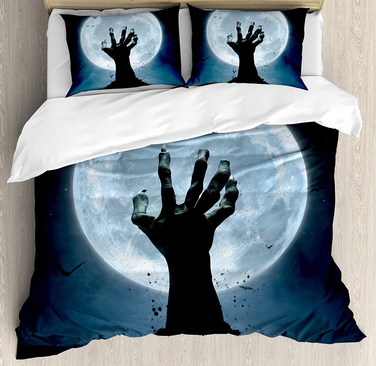 Halloween Duvet Cover Set 4 Piece Cal King - Zombie Earth Soil Full Moon Bat Horror Theme (1 Duvet Cover + 1 Flat Sheet + 2 Pillowcases) | Spooky Bedding for October Decor, Twilight Party & Horror Story Themed Rooms