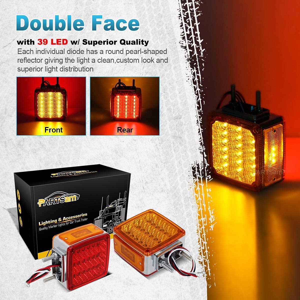 Partsam LED Truck Trailer Lights Kit - Square Amber/Red Double Face Pedestal Stud Mount Stop Turn Signal Tail Lights with 24 LED Mid-Turn Signal & Reflective Marker Lights - Heavy Duty Waterproof for Semi Trailers, RVs, and Commercial Vehicles