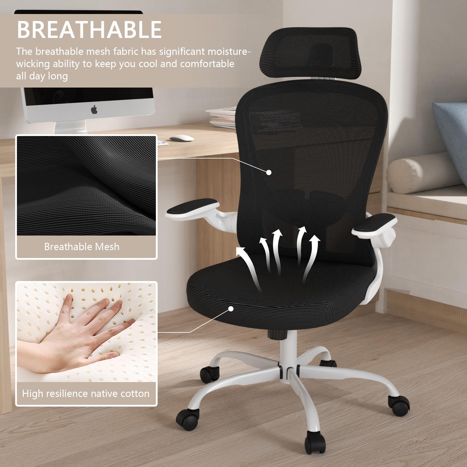Ergonomic High Back Office Chair with Adjustable Lumbar Support & Headrest - Breathable Mesh Task Chair, Swivel Executive Desk Chair with Flip-Up Armrests - Perfect for Home Office, Gaming & Workspaces