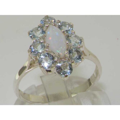 9K White Gold Genuine Natural Opal & Aquamarine Women's Engagement Ring - Size 8 - Perfect for Proposals, Anniversaries & Special Occasions