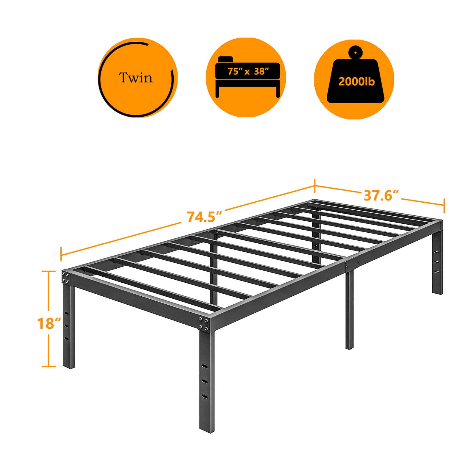 COMASACH 18 Inch Heavy Duty Metal Twin Size Bed Frame - No Box Spring Needed, Under Bed Storage, 2000Lbs Weight Capacity | Sturdy Black Mattress Foundation for Kids, Teens & Guest Rooms (Easy Assembly, Noise-Free Design)