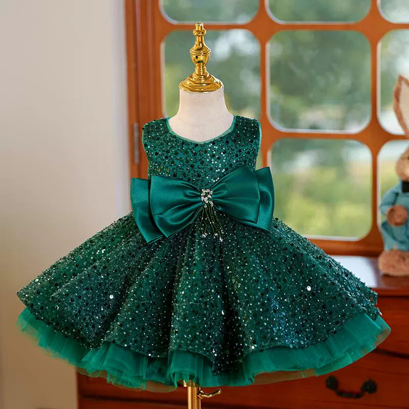 Elegant Green Satin Flower Girl Dress with Sequins & Bow - A-Line Princess Style for Weddings, Birthday Parties & Special Occasions