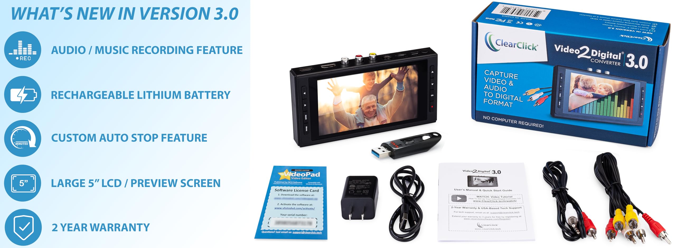 ClearClick Video to Digital Converter 3.0 - Convert VHS to Digital, Transfer VCR, Hi8, Camcorder, DVD, RCA, AV & Cassette Tapes to USB or Computer - Perfect for Home Movies, Archiving & Digitizing Old Media (Bundle Edition)