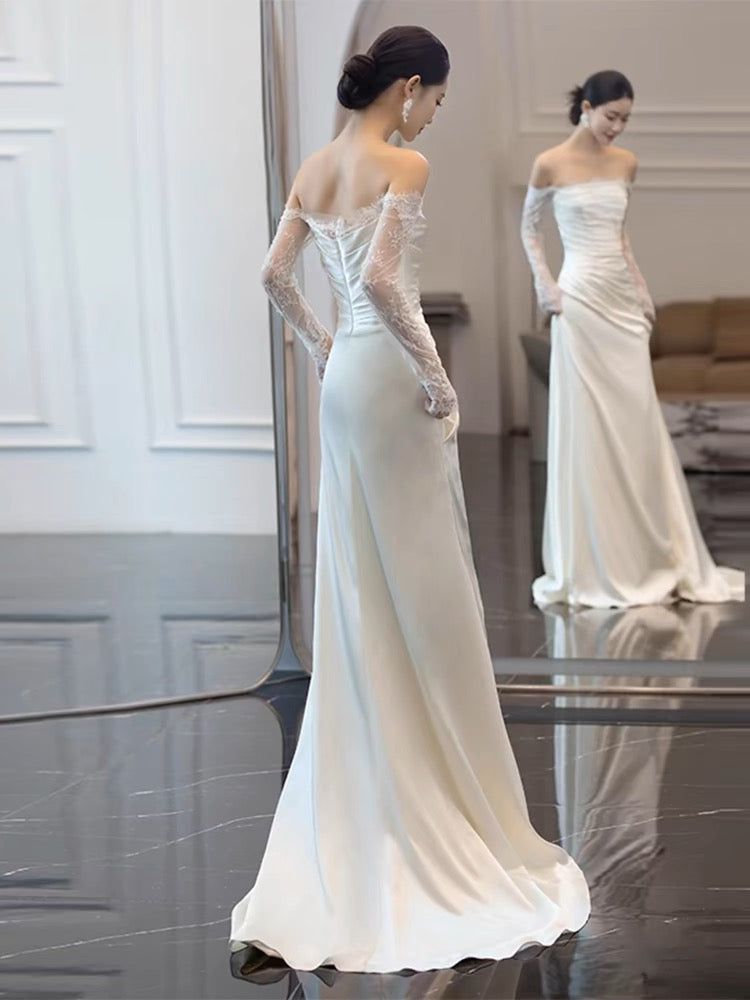 Elegant White Lace Sleeves Sheath Wedding Dress J3676 - Perfect for Bridal Ceremony, Formal Events & Romantic Photos