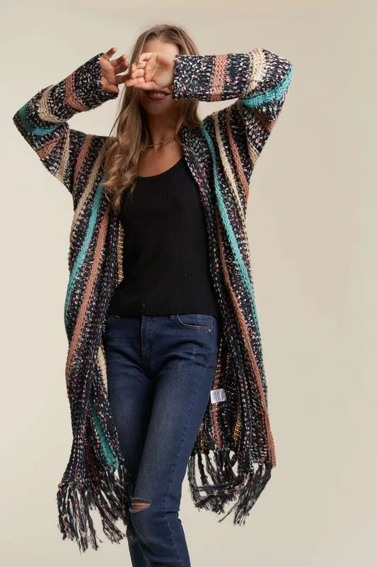 Stylish ADORA Multi-Color Long Fringe Cardigan Sweater for Women | Cozy Fall & Winter Layering | Perfect for Office, Casual Outings & Date Nights