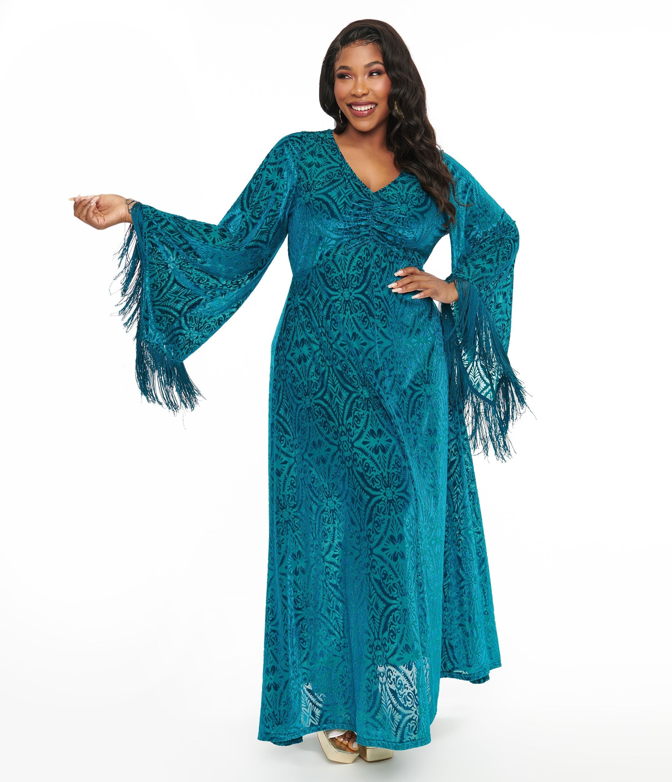 Smak Parlour Plus Size 1970s Teal Floral Fringe Sleeve Stevie Maxi Dress | Vintage Boho Chic Long Dress for Women | Perfect for Music Festivals, Beach Vacations & Special Occasions