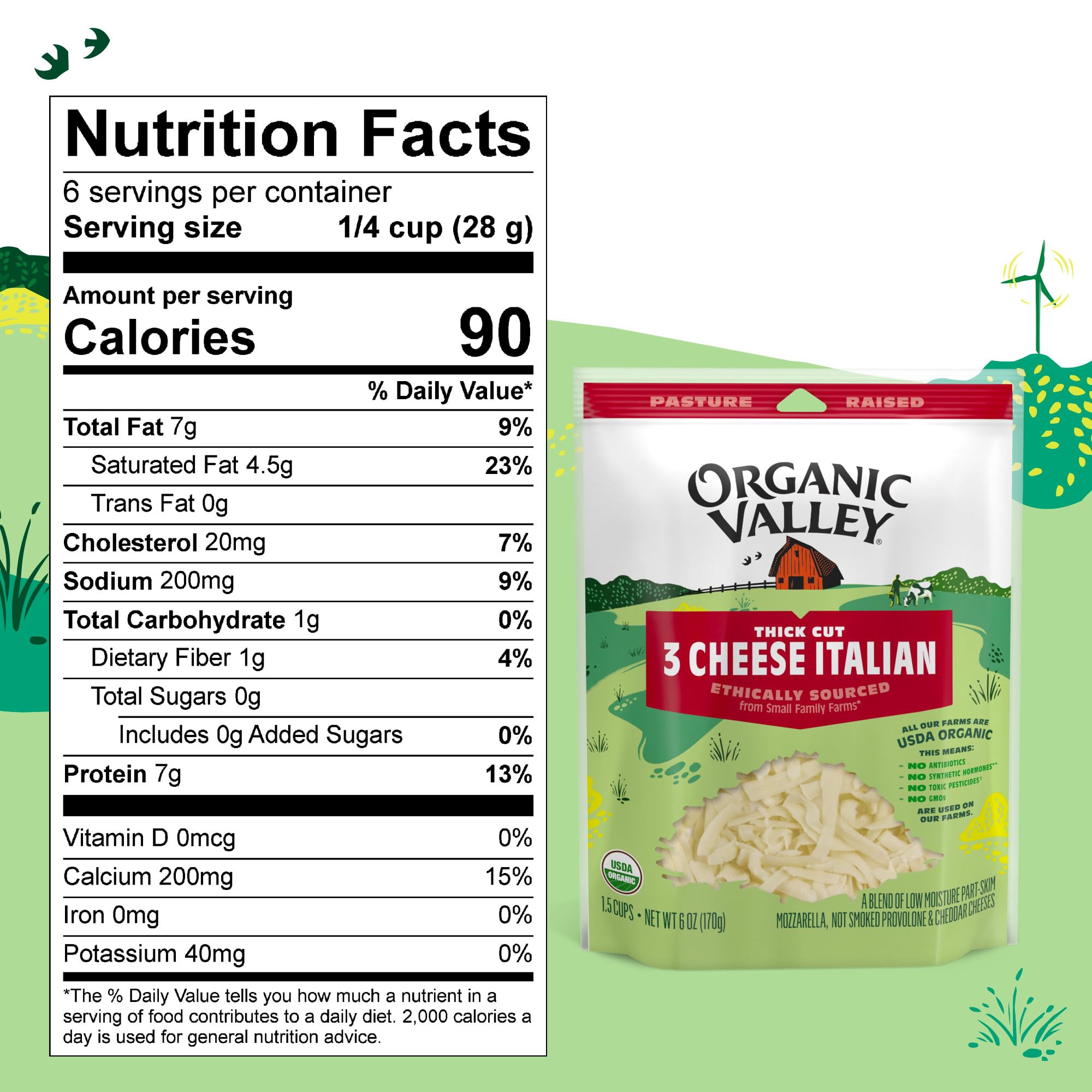 Organic Valley 3 Cheese Organic Thick Cut Shredded Italian Cheese Blend - Perfect for Pizza, Pasta & Italian Recipes | Gluten-Free, Non-GMO | Family Size 16oz Bag