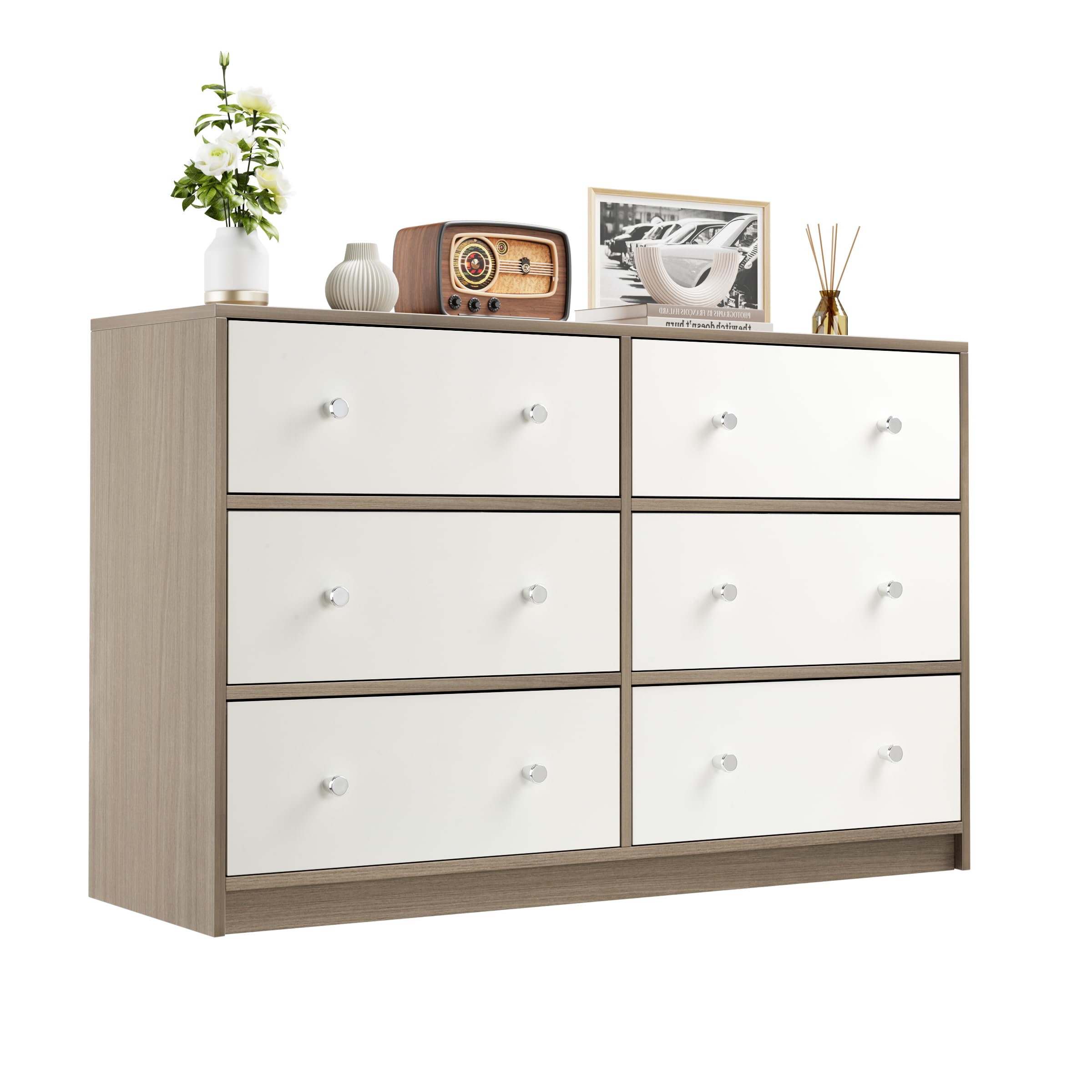 Nicehill 6-Drawer Fabric Dresser for Bedroom - Wooden Storage Tower Organizer with Light Wood Grain & White Finish | Perfect for Closet, Hallway, Living Room & Home Organization