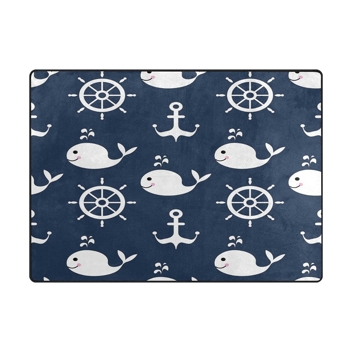 ALAZA Retro Cartoon Whale Anchor Non-Slip Area Rug 7' x 5' - Soft Living Room Bedroom Rug for Kids Nursery, Dorm Decor & Coastal Home Style