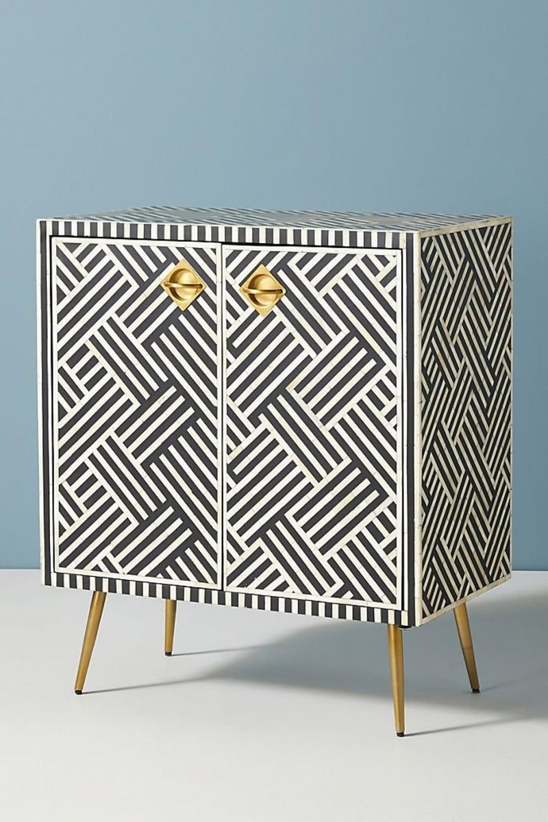 Handmade Bone Inlay Entryway Cabinet - Black Two-Door Storage Unit with Optical Design for Hallway, Living Room & Bedroom Organization
