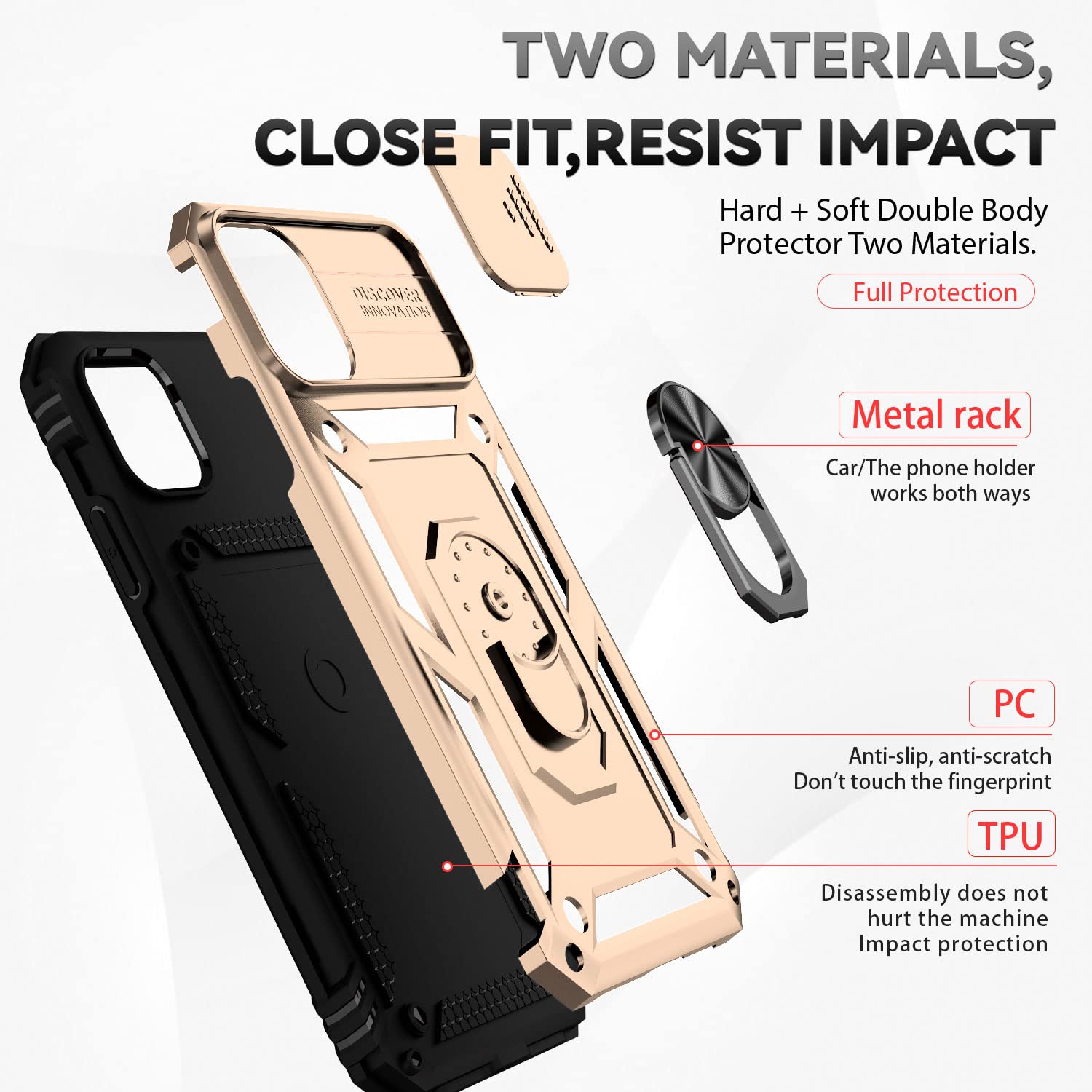 Hitaoyou iPhone 11 Case with Camera Cover & Kickstand - Military Grade Shockproof Heavy Duty Protective Magnetic Phone Cover for iPhone 11 (Gold) - Perfect for Outdoor Activities, Travel and Daily Protection