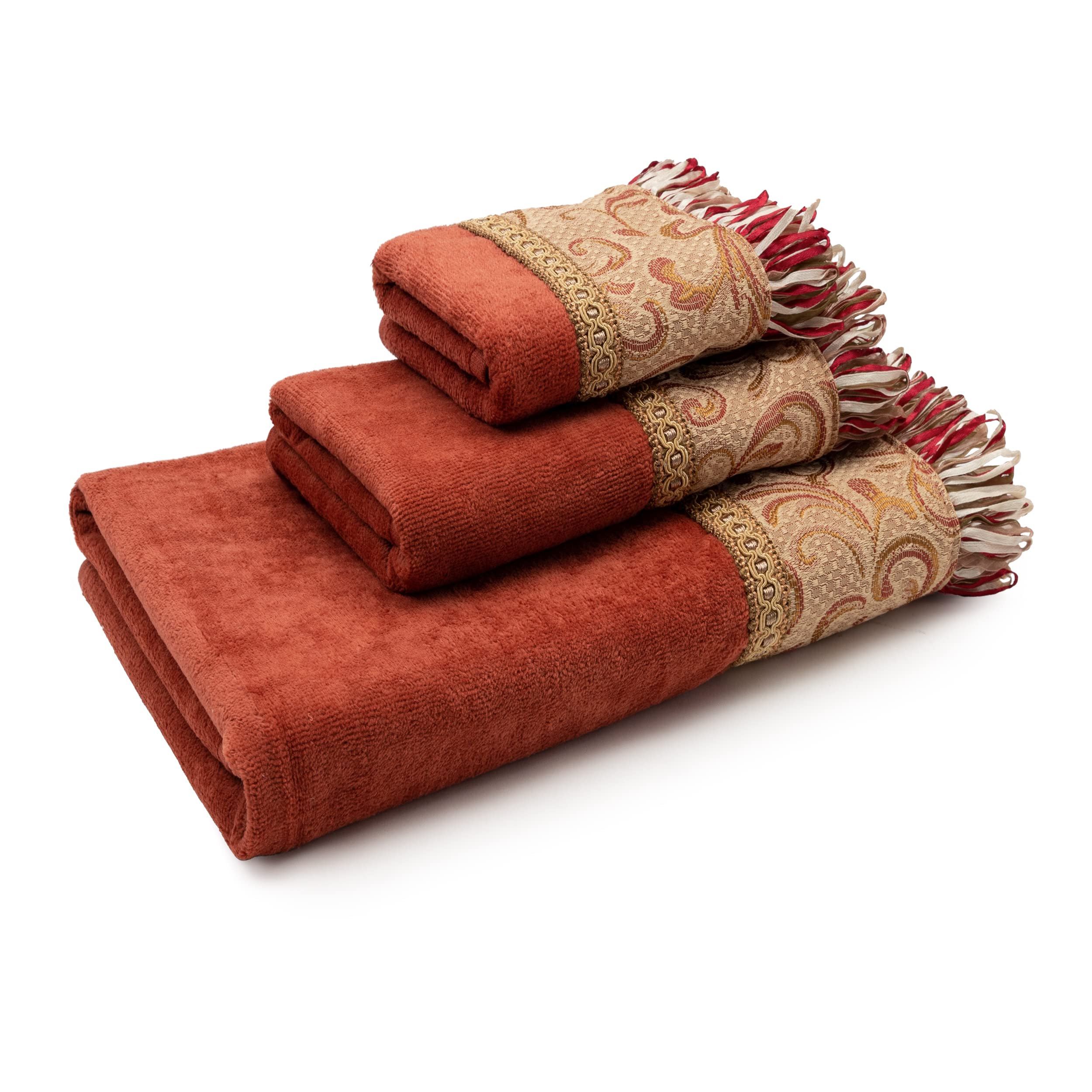Sherry Kline 3-Piece Cotton Bath Towel Set - Super Soft, Absorbent & Machine Washable - Hand Towel, Bath Towel & Tip Towel - Coral Swirl Paisley Design - Perfect for Bathrooms, Spas & Guest Rooms