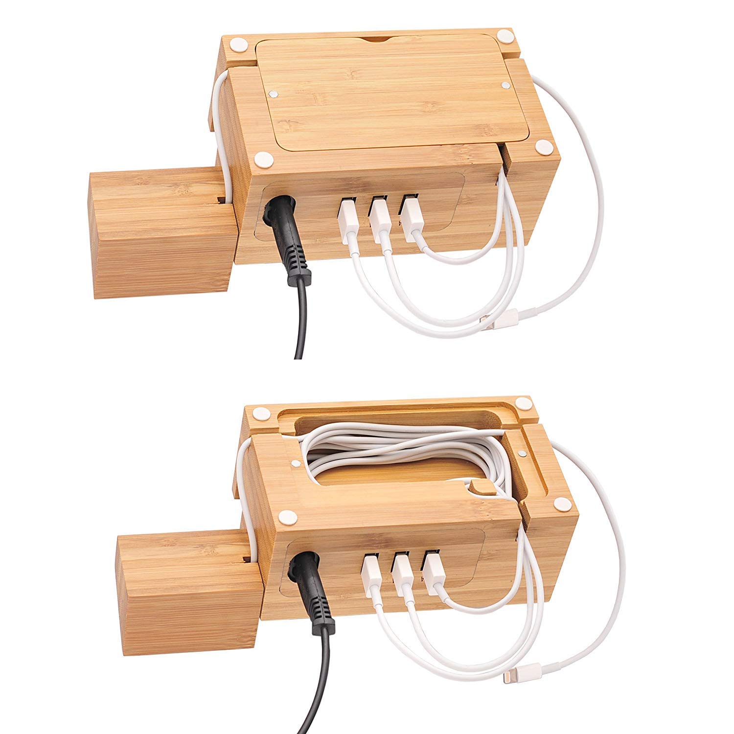 Bamboo 3-Port USB Charging Station Dock - Fast Charger Hub for iPhone 13/12/11 Pro Max/XS/X/8 Plus, Apple Watch Series 2/3/4 (38mm & 42mm), AirPods & Samsung Phones - Perfect for Home Office Desk Organization & Multi-Device Charging