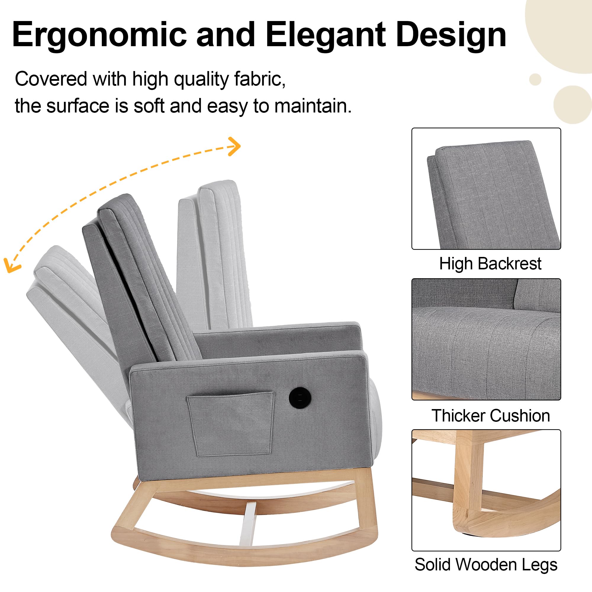 VECELO Modern Upholstered Nursery Rocking Chair with Padded Seat, High Backrest, USB Port & Side Pocket - Comfortable Glider Rocker for Living Room, Bedroom, Nursery, Office & Balcony Relaxation